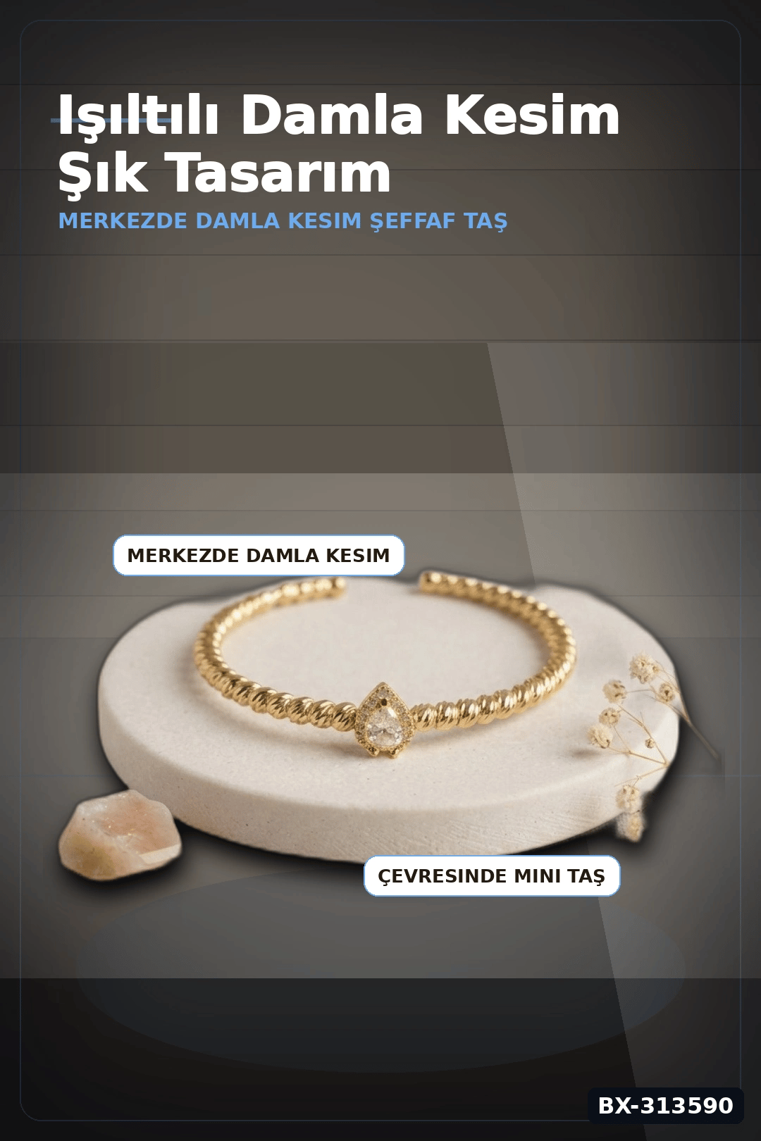 Damla Kesim Zirkon Taşlı Dorika Model Rengi Pirinç Kadın Bileklik 1 Adet BX-313590