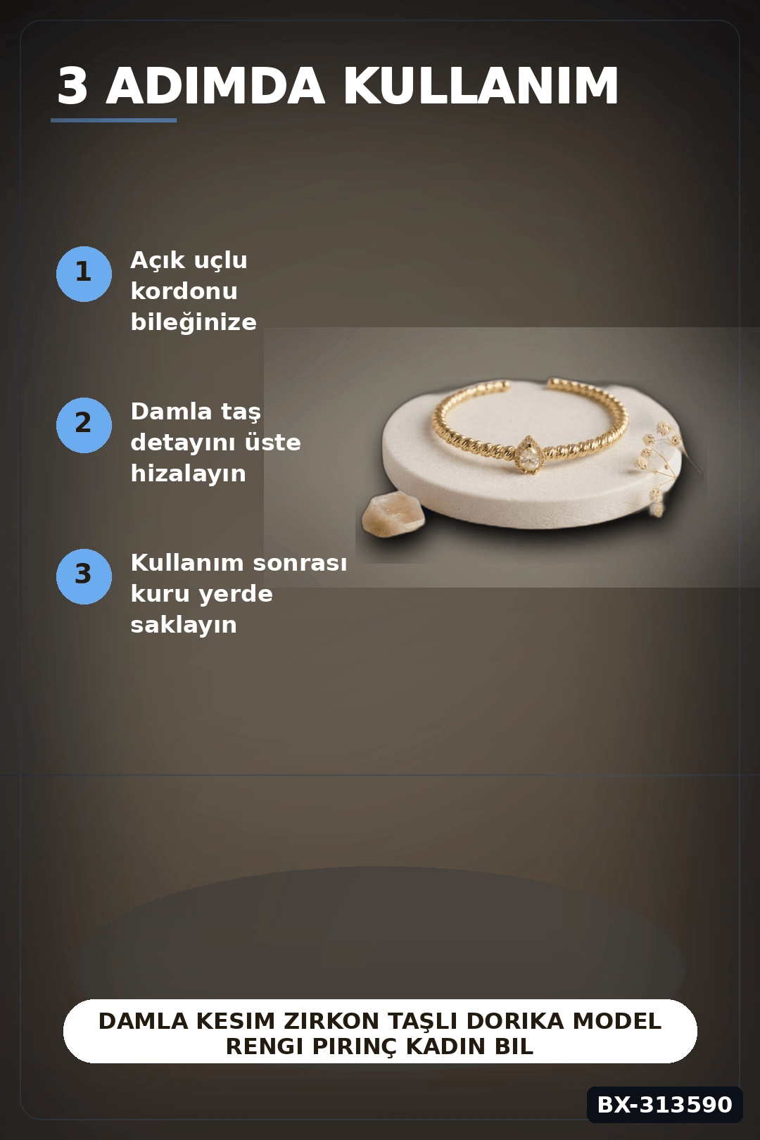 Damla Kesim Zirkon Taşlı Dorika Model Rengi Pirinç Kadın Bileklik 1 Adet BX-313590