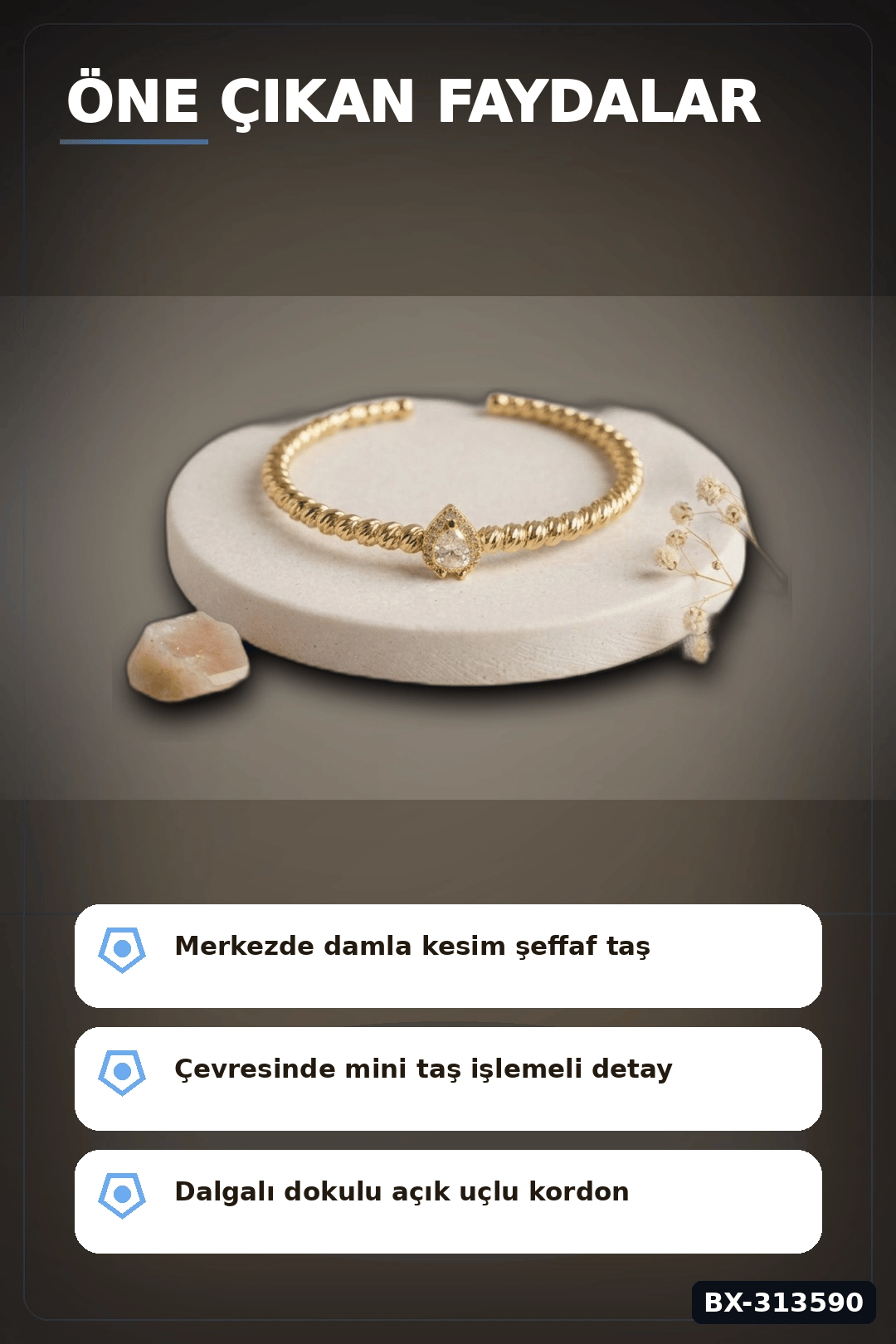 Damla Kesim Zirkon Taşlı Dorika Model Rengi Pirinç Kadın Bileklik 1 Adet BX-313590
