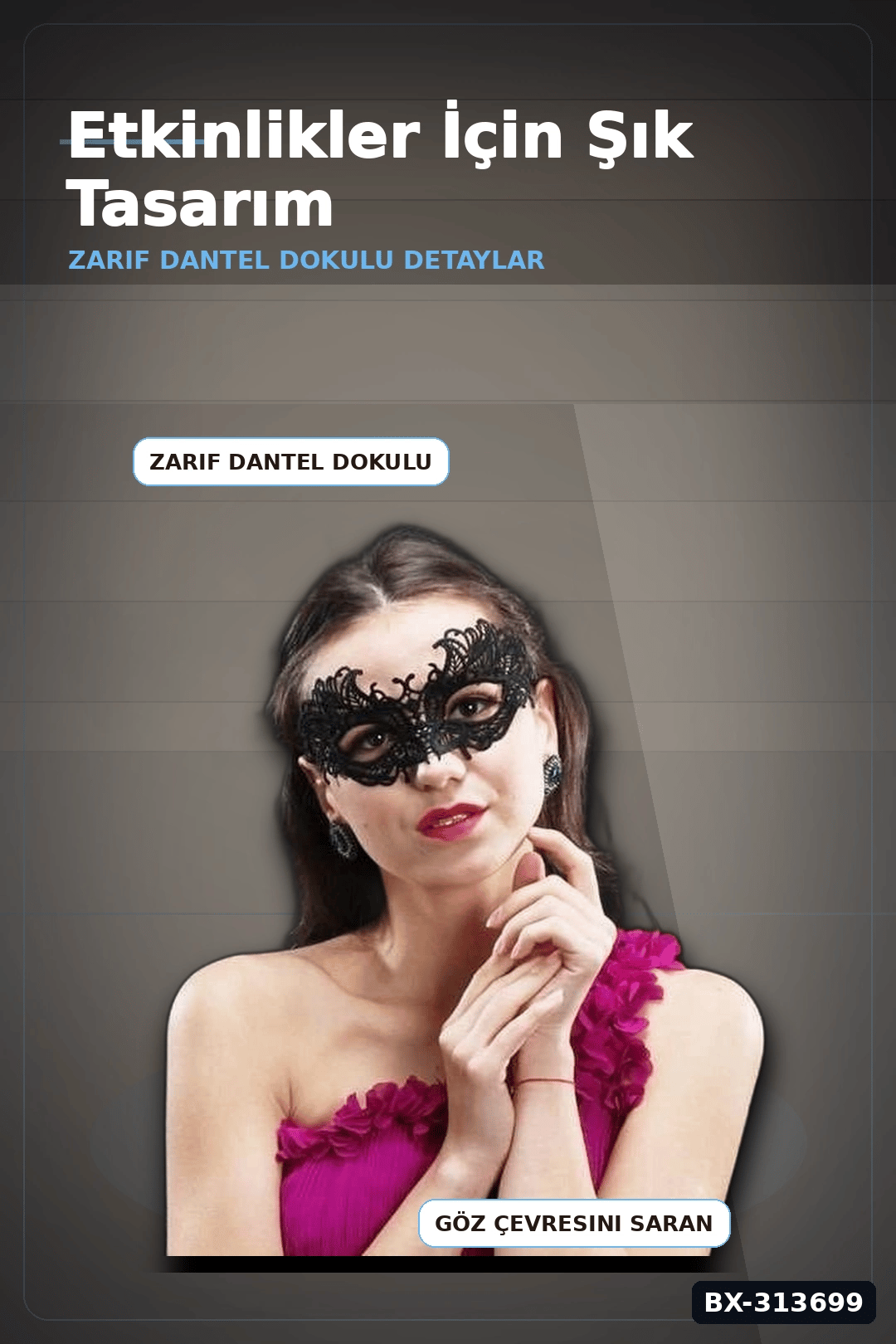 Dantel İşlemeli Siyah Venedik Karnaval Maskesi 10x23 Cm Yetişkin Balo Aksesuarı BX-313699