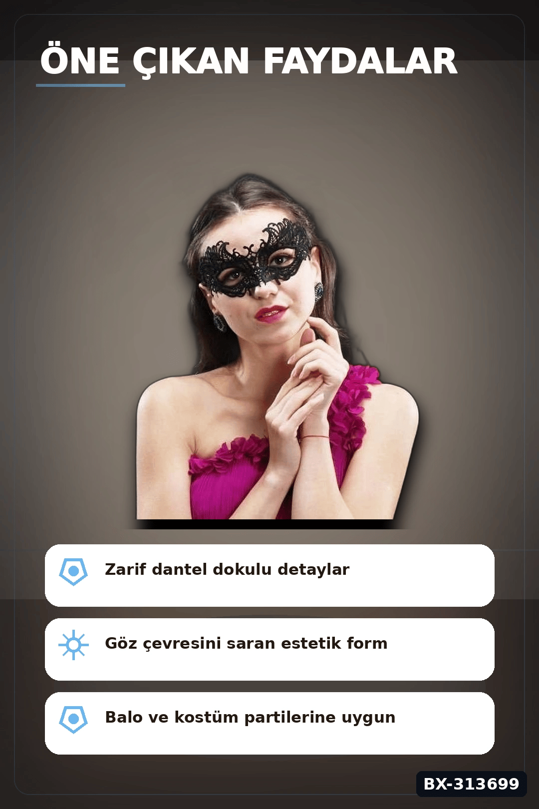 Dantel İşlemeli Siyah Venedik Karnaval Maskesi 10x23 Cm Yetişkin Balo Aksesuarı BX-313699