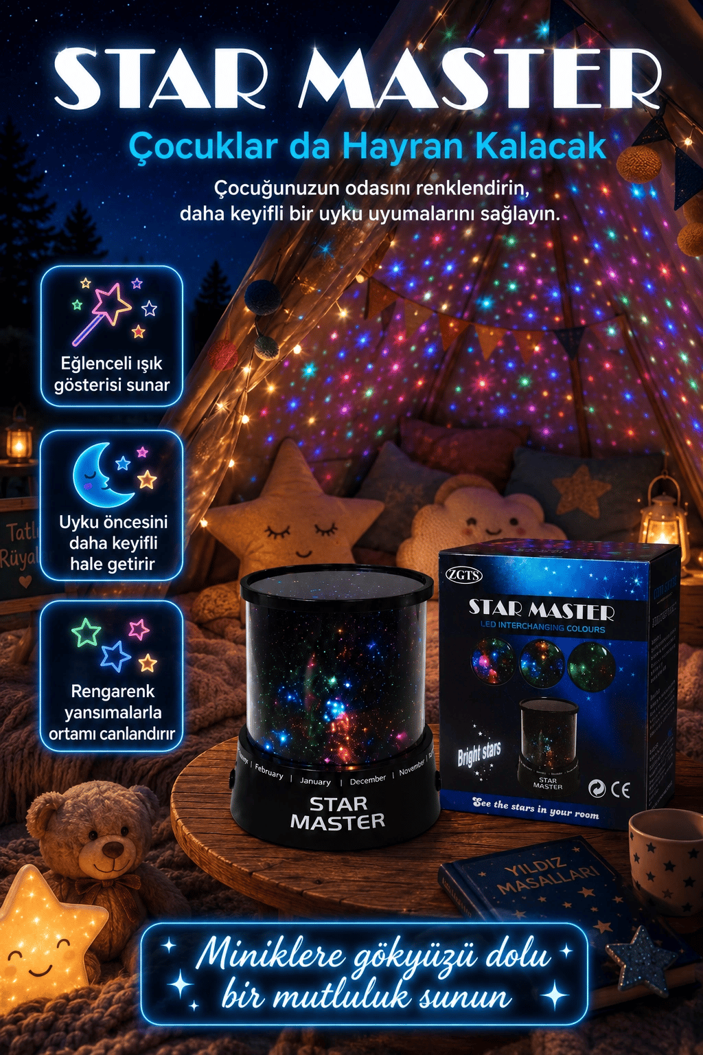 Dekoratif LED Yıldız Gece Lambası Renkli Işık Efektli Oda Atmosfer Projektörü