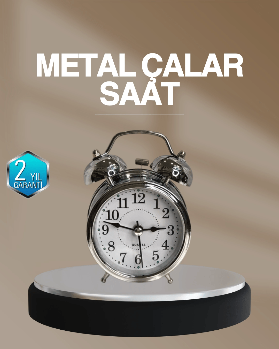 Dekoratif Yuvarlak Gümüş Sessiz Işıklı Masa Üstü Çalar Saat Alarmlı ve Şık Tasarım