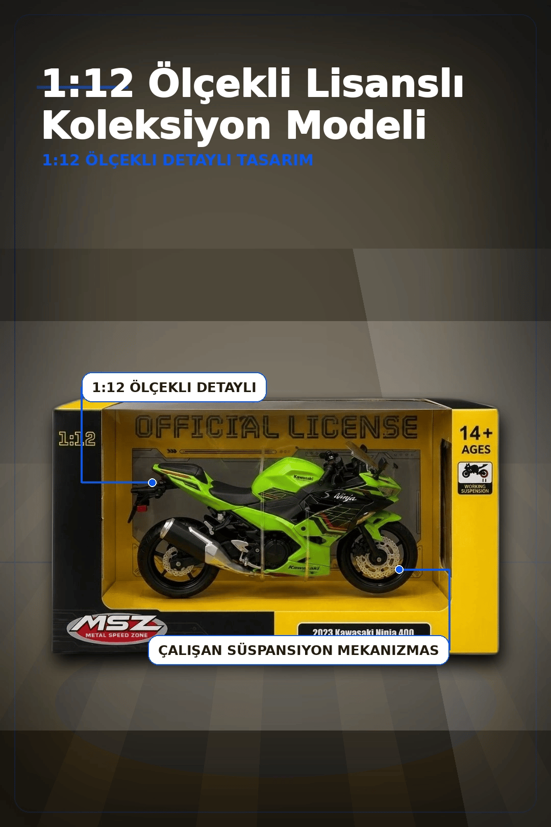 Detaylı 1/12 2023 Kawasaki Ninja 400 Motosiklet - Koleksiyonluk Tekli Paket BX-313415