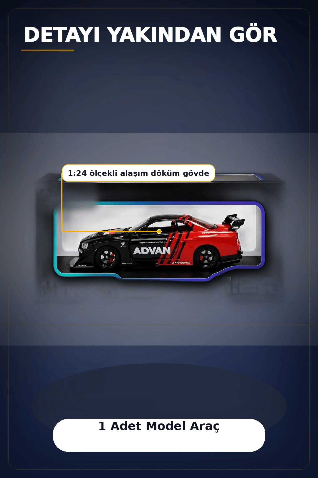 Detaylı 1/24 Ölçek R34 Modifiye Spor Model Araç - Tek Renk Seçimli, Koleksiyonluk Oyunca BX-313408