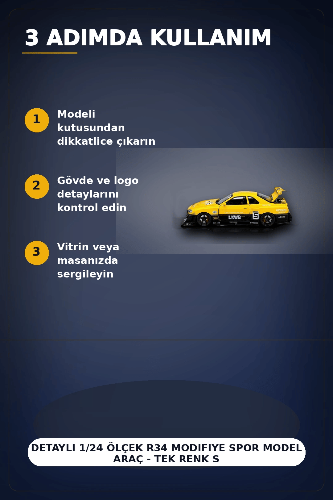 Detaylı 1/24 Ölçek R34 Modifiye Spor Model Araç - Tek Renk Seçimli, Koleksiyonluk Oyunca BX-313408