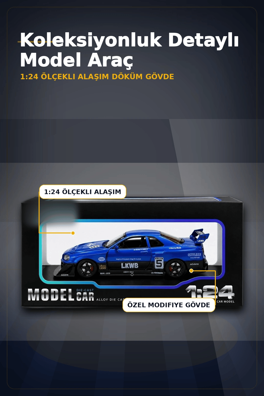 Detaylı 1/24 Ölçek R34 Modifiye Spor Model Araç - Tek Renk Seçimli, Koleksiyonluk Oyunca BX-313408