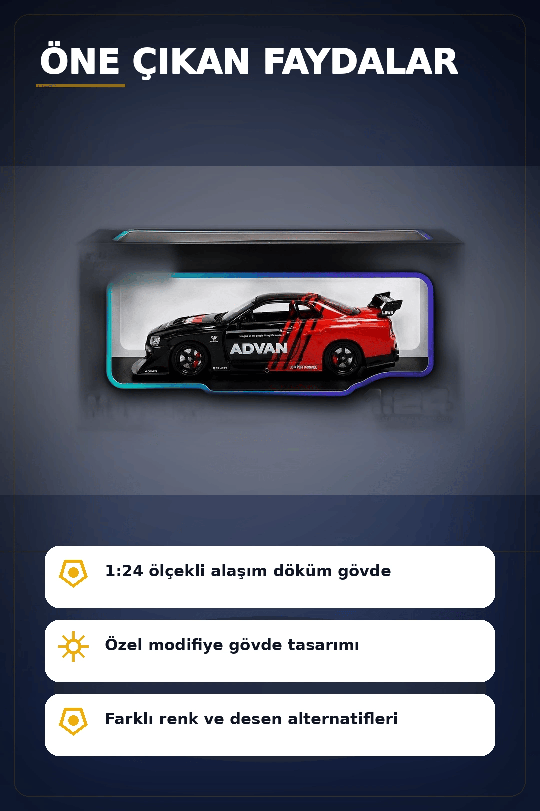 Detaylı 1/24 Ölçek R34 Modifiye Spor Model Araç - Tek Renk Seçimli, Koleksiyonluk Oyunca BX-313408