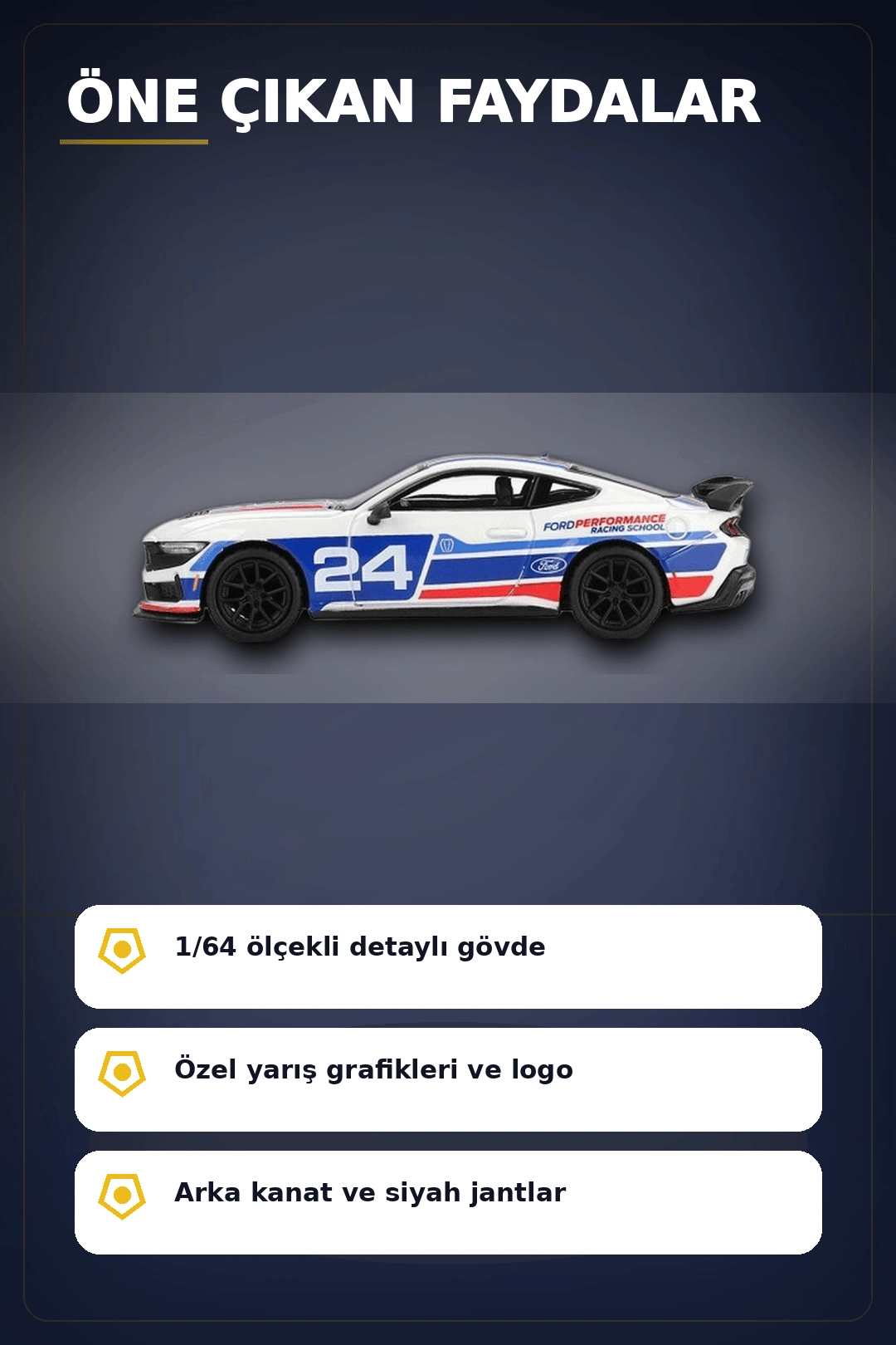 Detaylı 1/64 Ölçekli Ford Mustang Dark Horse Yarış Arabası Modeli - #24 Takım Aracı BX-313380