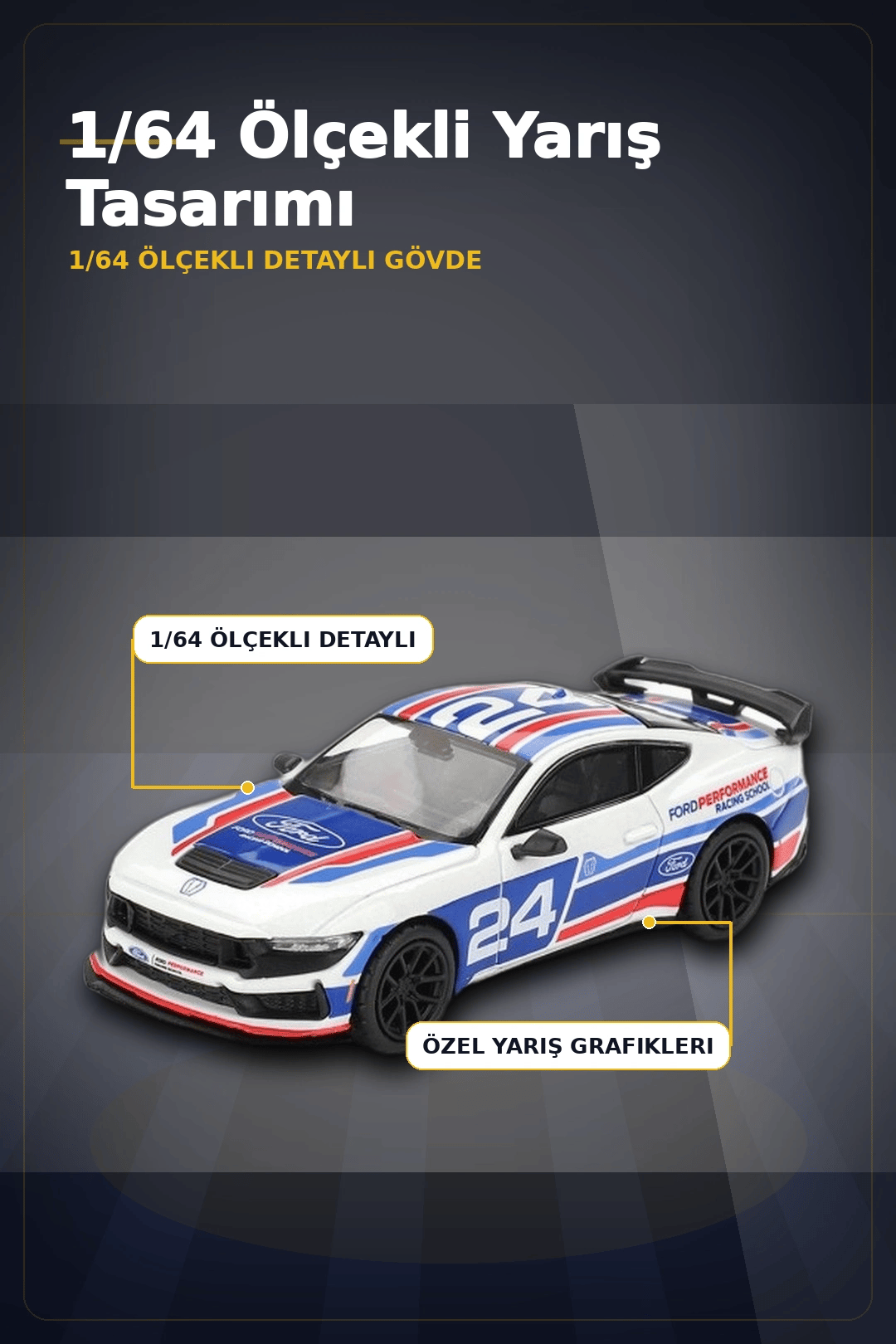 Detaylı 1/64 Ölçekli Ford Mustang Dark Horse Yarış Arabası Modeli - #24 Takım Aracı BX-313380