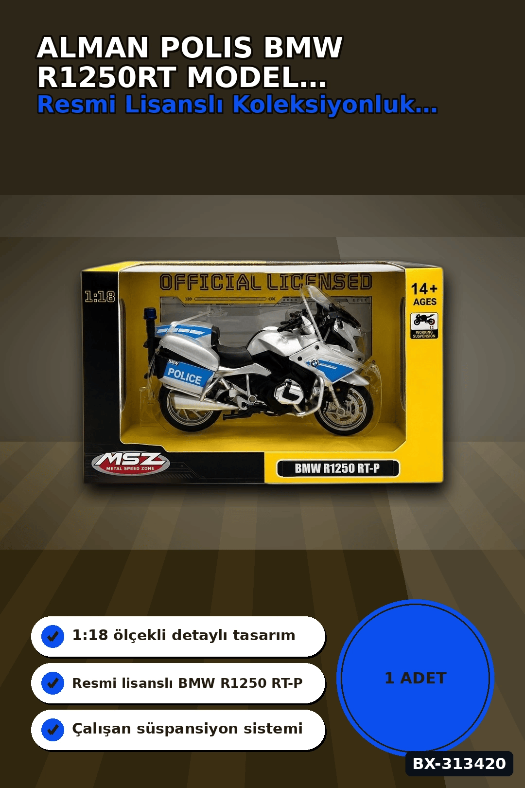 Die-Cast 1:18 Ölçekli Alman Polis BMW R1250RT Motosiklet Modeli 1 Adet BX-313420