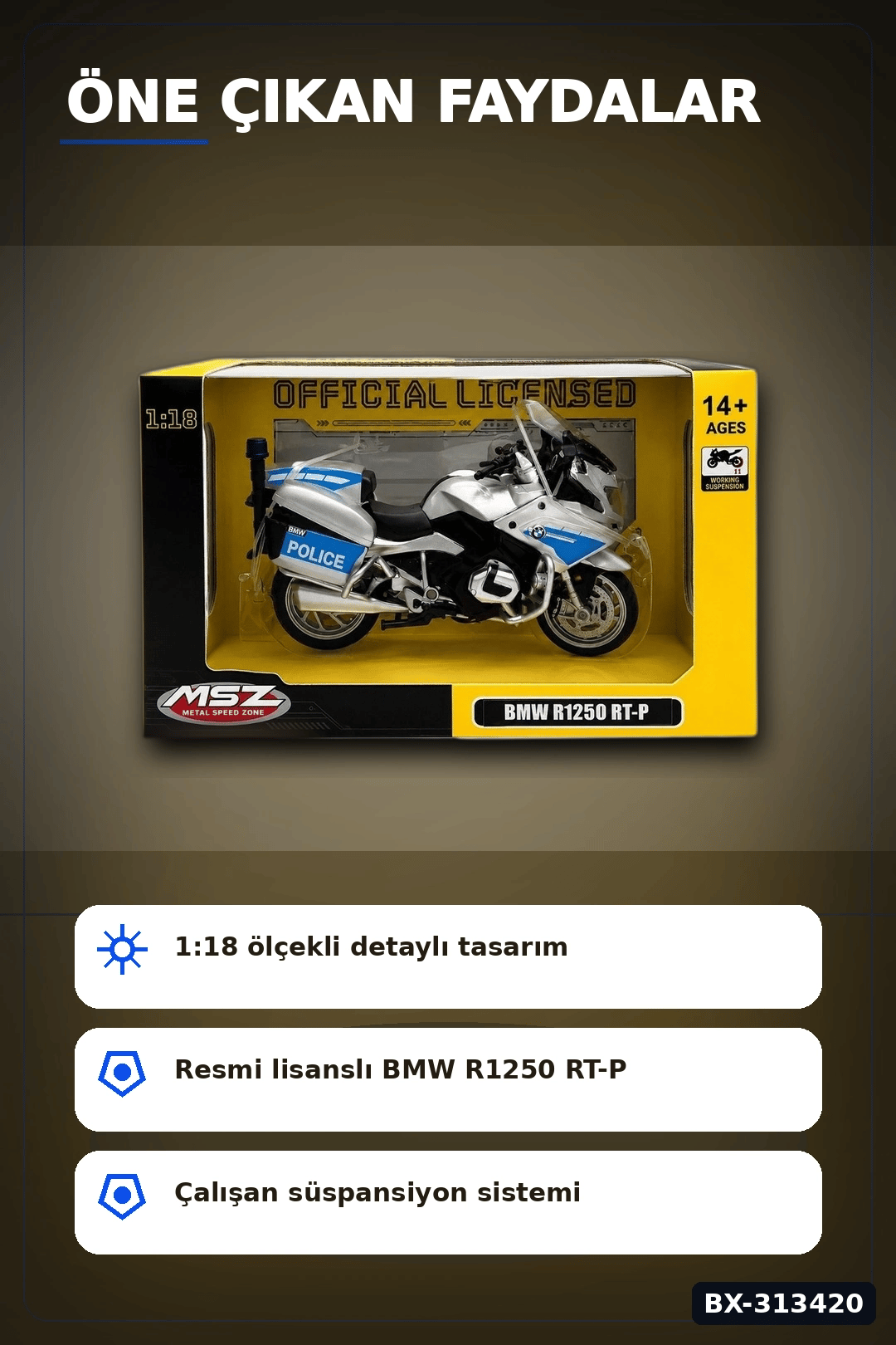 Die-Cast 1:18 Ölçekli Alman Polis BMW R1250RT Motosiklet Modeli 1 Adet BX-313420