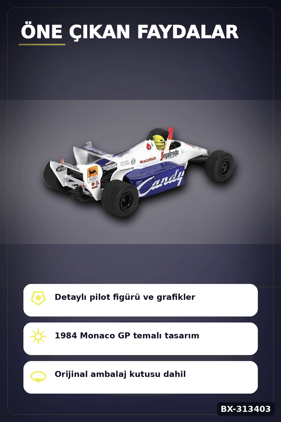 Diecast 1/64 Formula 1 Toleman TG184 Senna 1984 Monaco Podyum Model Araba BX-313403