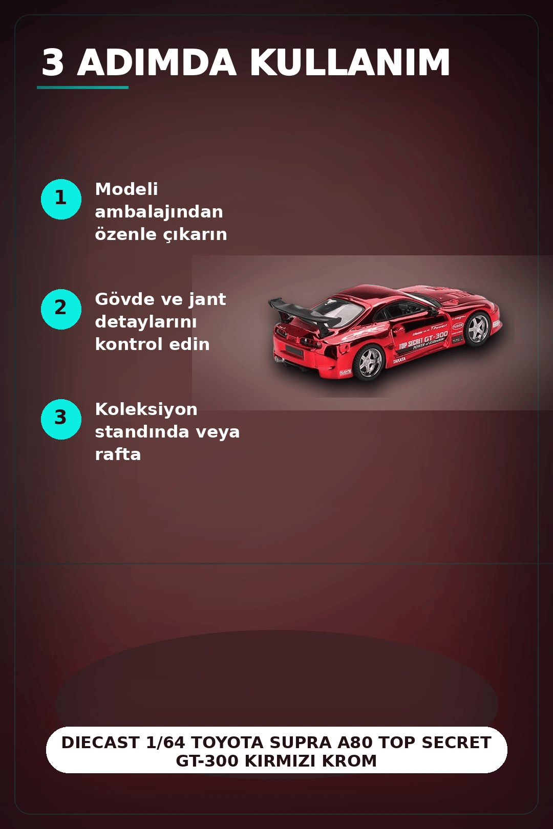 Diecast 1/64 Toyota Supra A80 Top Secret GT-300 Kırmızı Krom Model Araba BX-313385