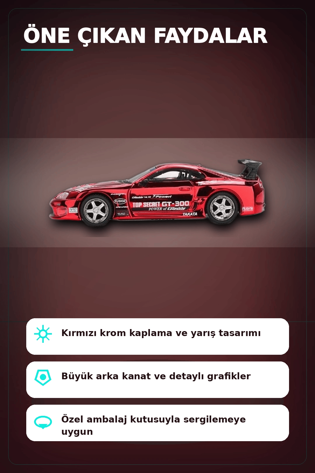 Diecast 1/64 Toyota Supra A80 Top Secret GT-300 Kırmızı Krom Model Araba BX-313385