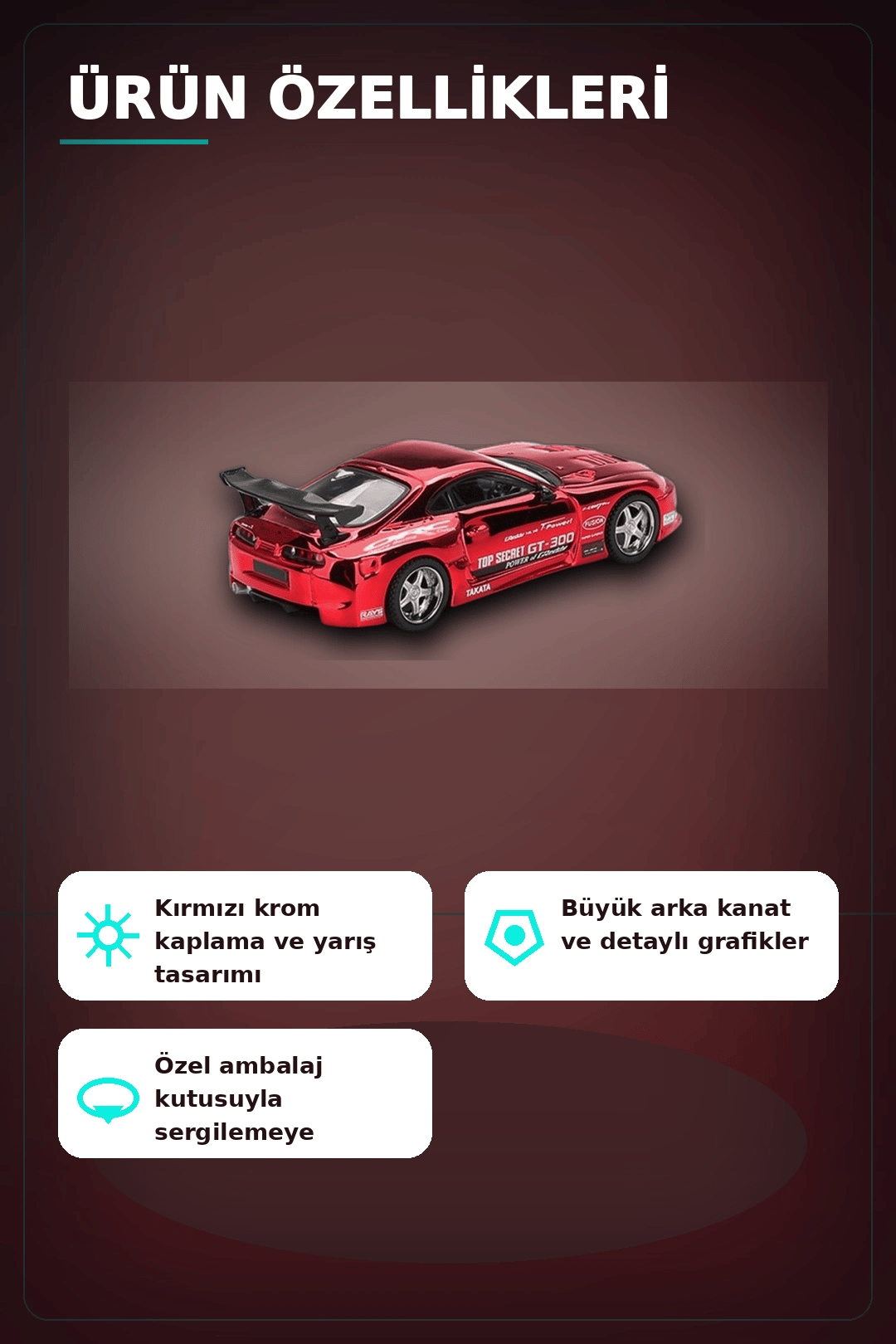 Diecast 1/64 Toyota Supra A80 Top Secret GT-300 Kırmızı Krom Model Araba BX-313385