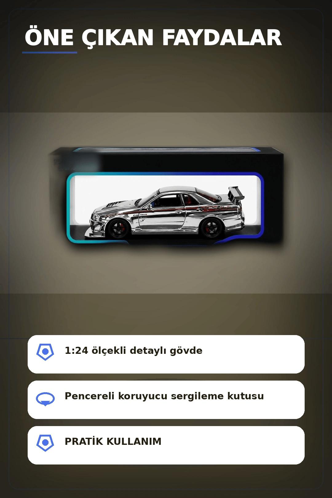 Diecast Metal 1/24 R34 GTR Model Araba - 14 Yaş ve Üzeri Koleksiyon İçin Tekli Paket BX-313407