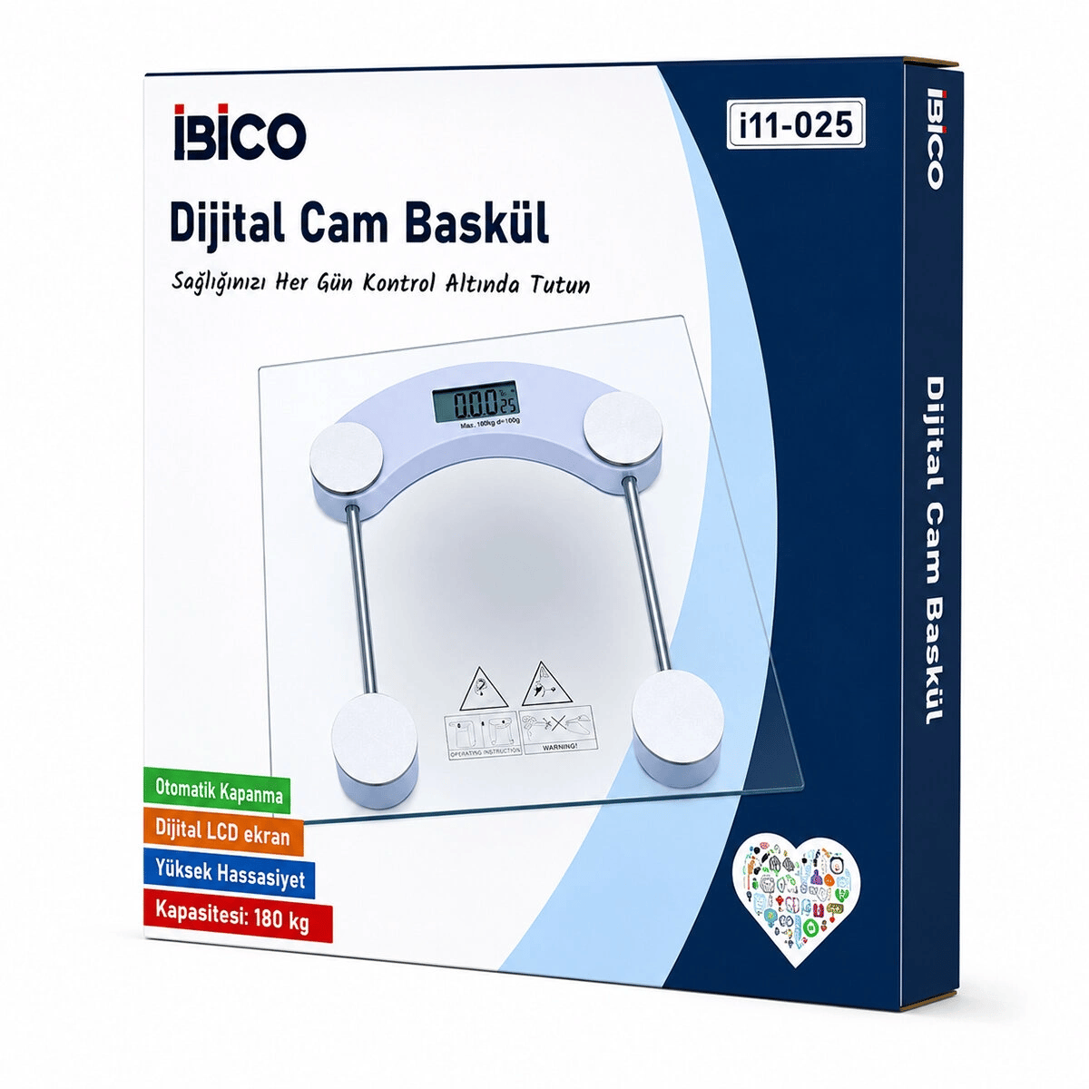 Dijital - Pilli Kare Banyo Baskül Terazi Tartı Lcd Ekran 180kg/0.1g 30x30cm İ11-025 Bx40