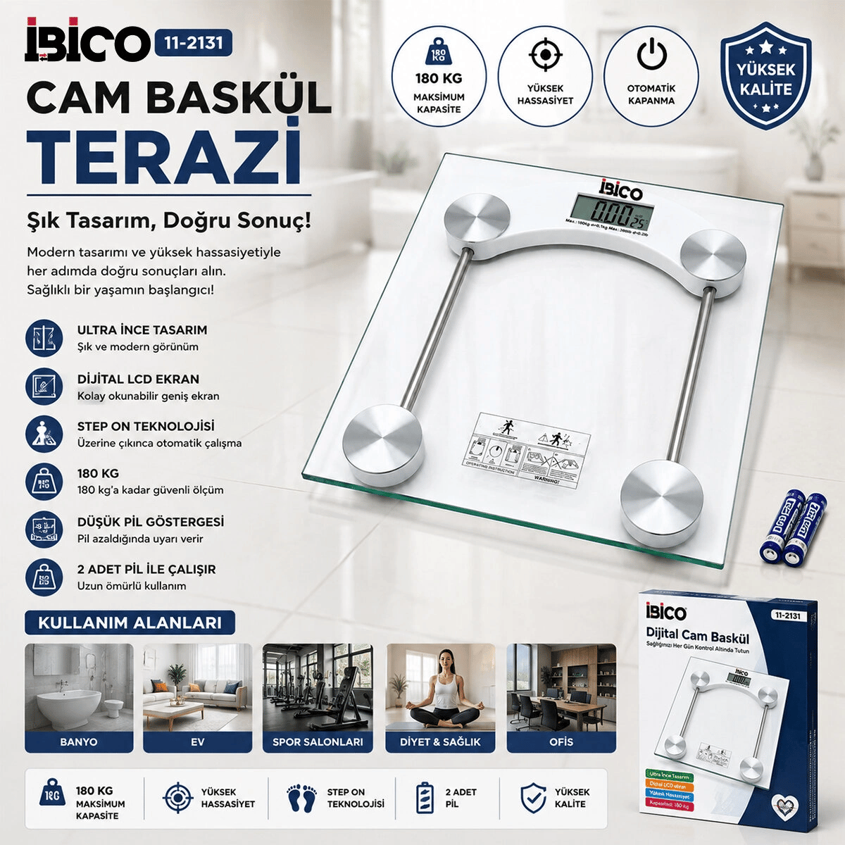 Dijital - Pilli Kare Banyo Baskül Terazi Tartı Lcd Ekran 180kg/0.1g 30x30cm İ11-025 Bx40
