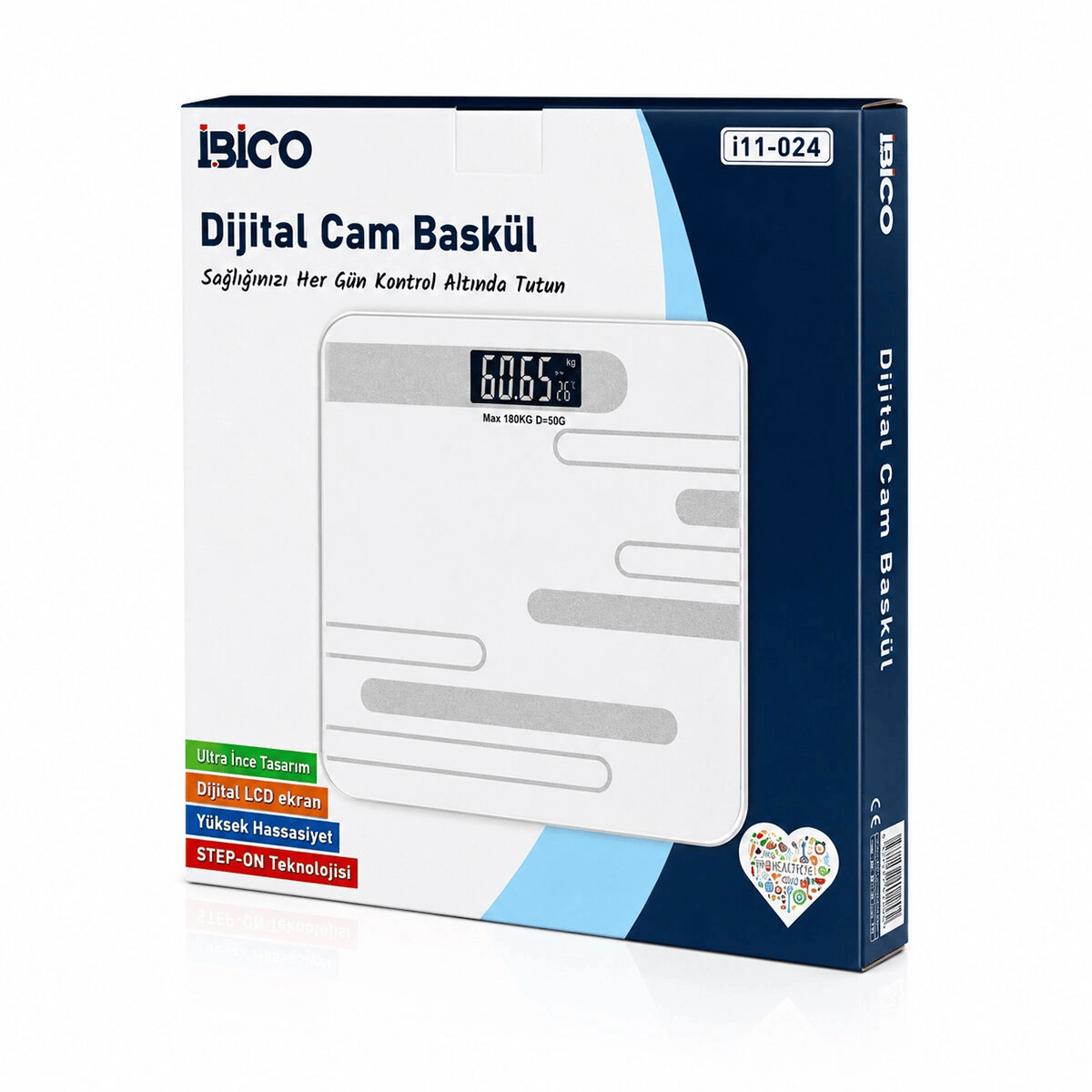 Dijital - Pilli Renkli Cam Banyo Baskül Terazi Tartı Lcd Ekran 180kg/50gr 26x26cm İ11-024 Bx40