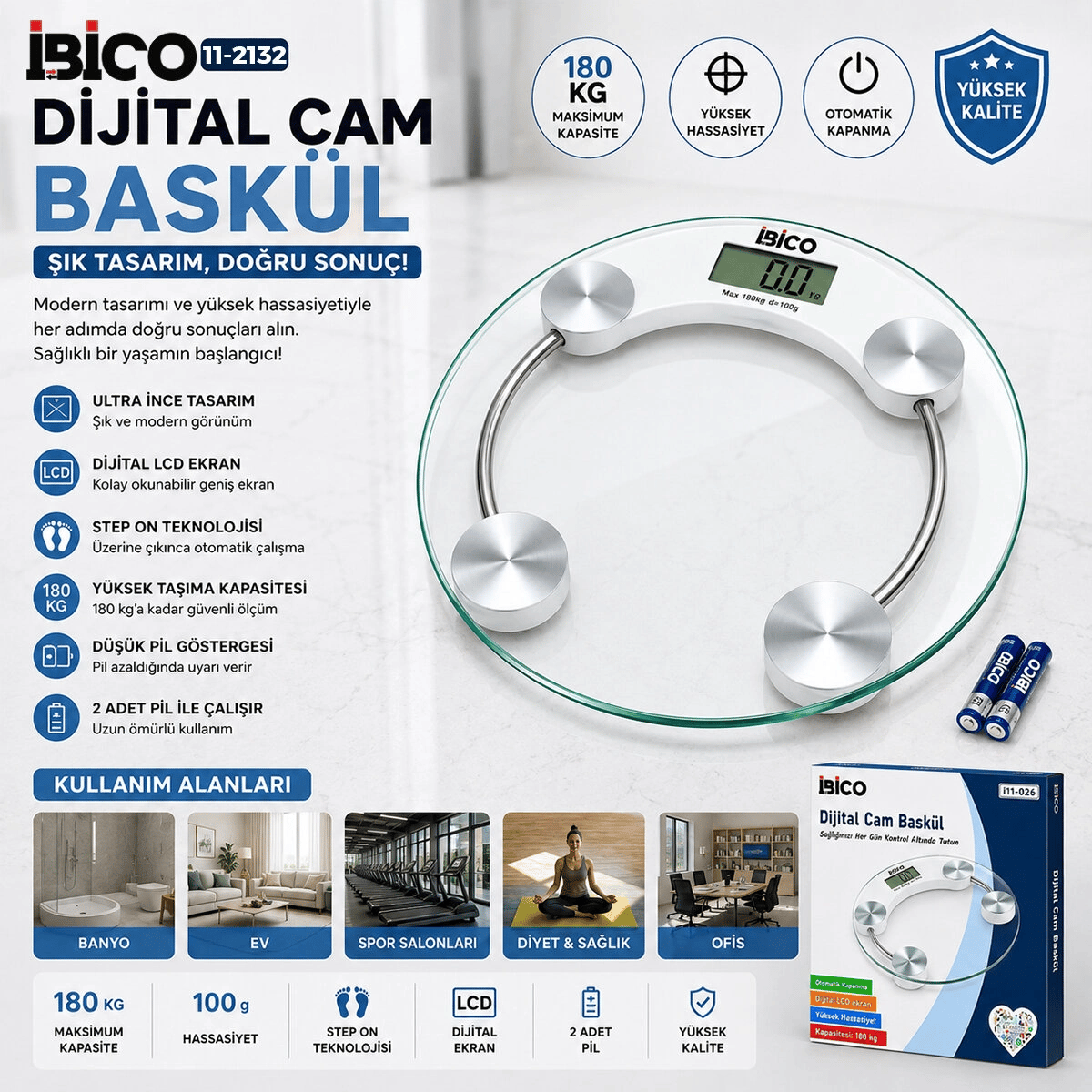 Dijital - Pilli Yuvarlak Banyo Baskül Terazi Tartı Lcd Ekran 180kg/0.1g 30x30cm İ11-026 Bx40