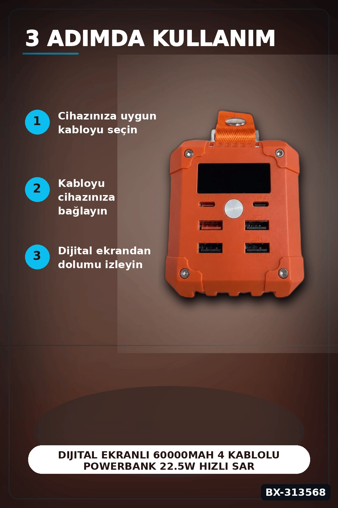 Dijital Ekranli 60000mAh 4 Kablolu Powerbank 22.5W Hizli Sarj Coklu Cikisli BX-313568