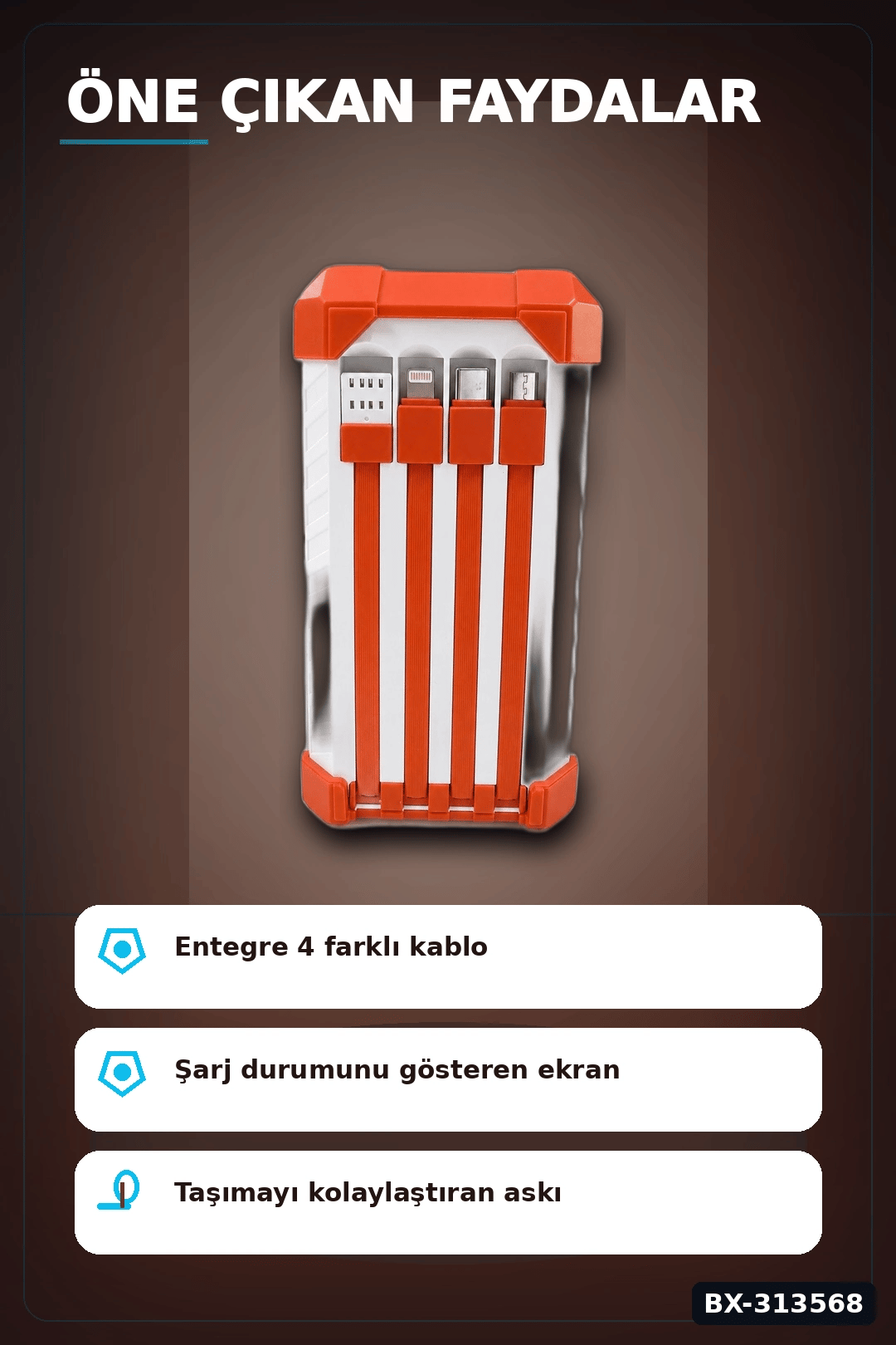 Dijital Ekranli 60000mAh 4 Kablolu Powerbank 22.5W Hizli Sarj Coklu Cikisli BX-313568