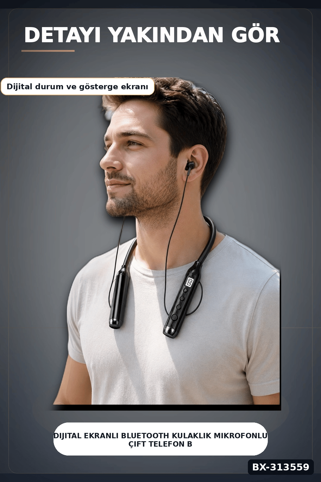 Dijital Ekranlı Boyun Bantlı Bluetooth Kulaklık Mikrofonlu Çift Cihaz Bağlantılı Kablosuz BX-313559