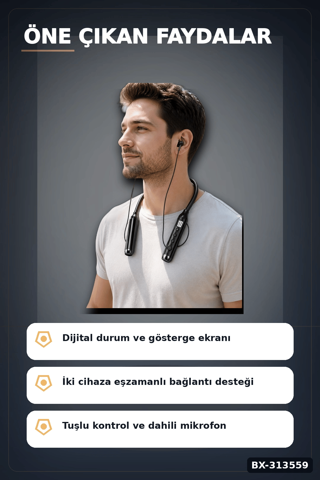 Dijital Ekranlı Boyun Bantlı Bluetooth Kulaklık Mikrofonlu Çift Cihaz Bağlantılı Kablosuz BX-313559