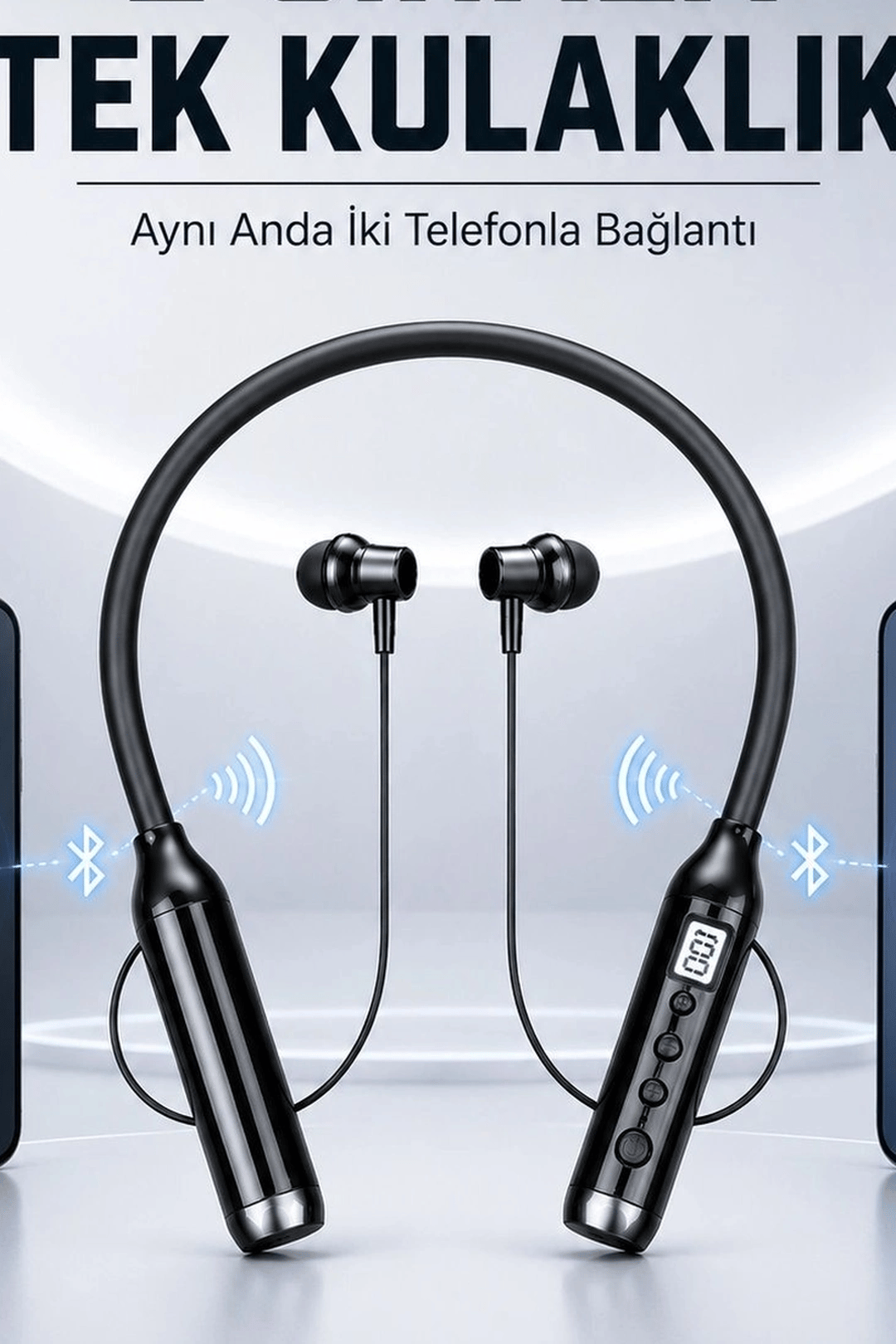 Dijital Ekranlı Boyun Bantlı Bluetooth Kulaklık Mikrofonlu Çift Cihaz Bağlantılı Kablosuz BX-313559