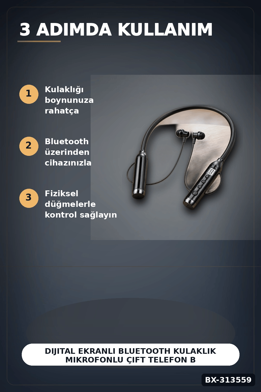 Dijital Ekranlı Boyun Bantlı Bluetooth Kulaklık Mikrofonlu Çift Cihaz Bağlantılı Kablosuz BX-313559