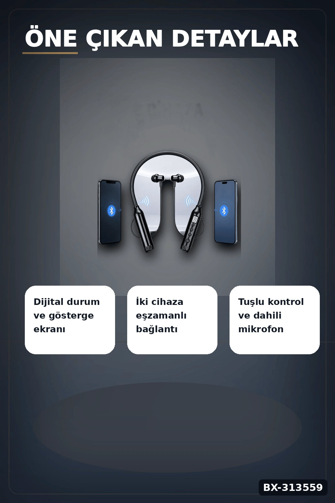 Dijital Ekranlı Boyun Bantlı Bluetooth Kulaklık Mikrofonlu Çift Cihaz Bağlantılı Kablosuz BX-313559