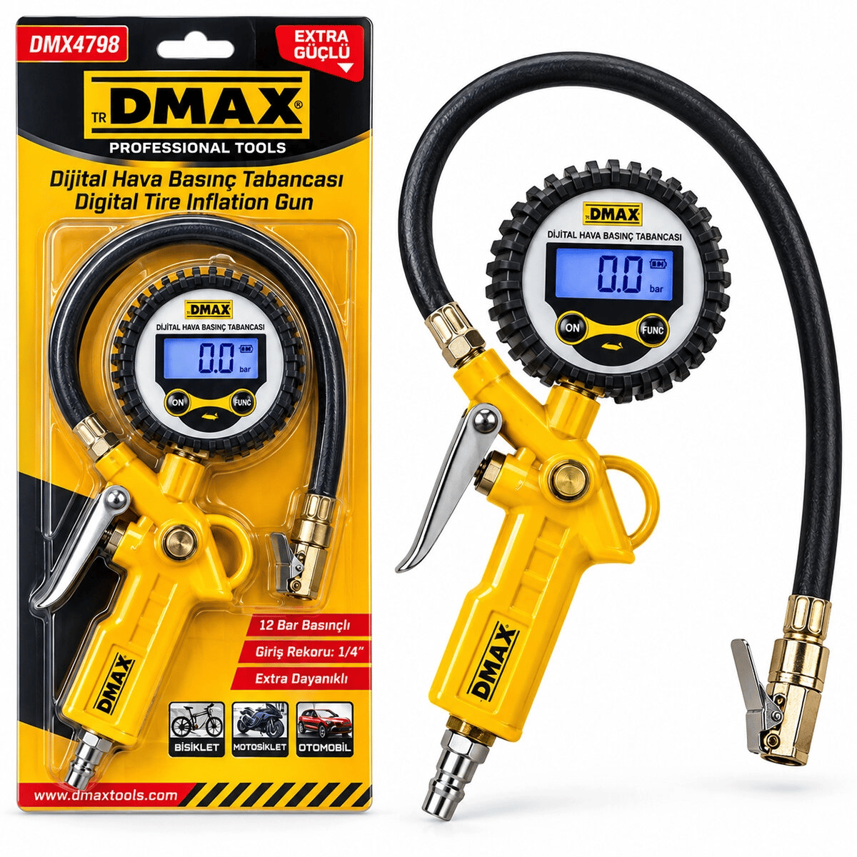 Dijital Hava Ölçme - Lastik Şişirme Tabancası 12 Bar Basınçlı - 1/4 Rekor Dmx-4798 Bx40
