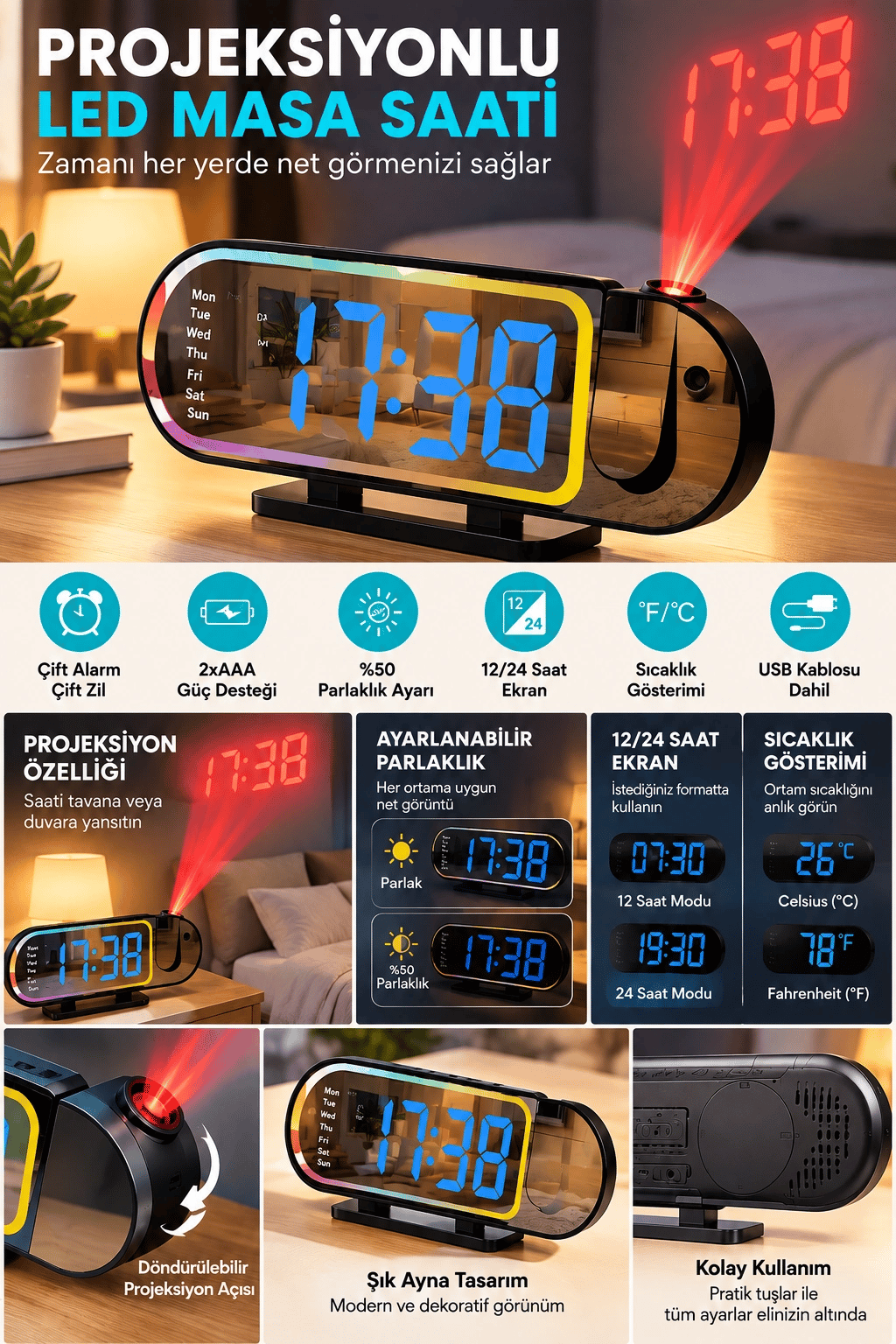 Dijital LED Masa Saati Masaüstü Alarm Saati Parlaklık Ayarlı Sıcaklık ve 12 24 Saat Göstergeli