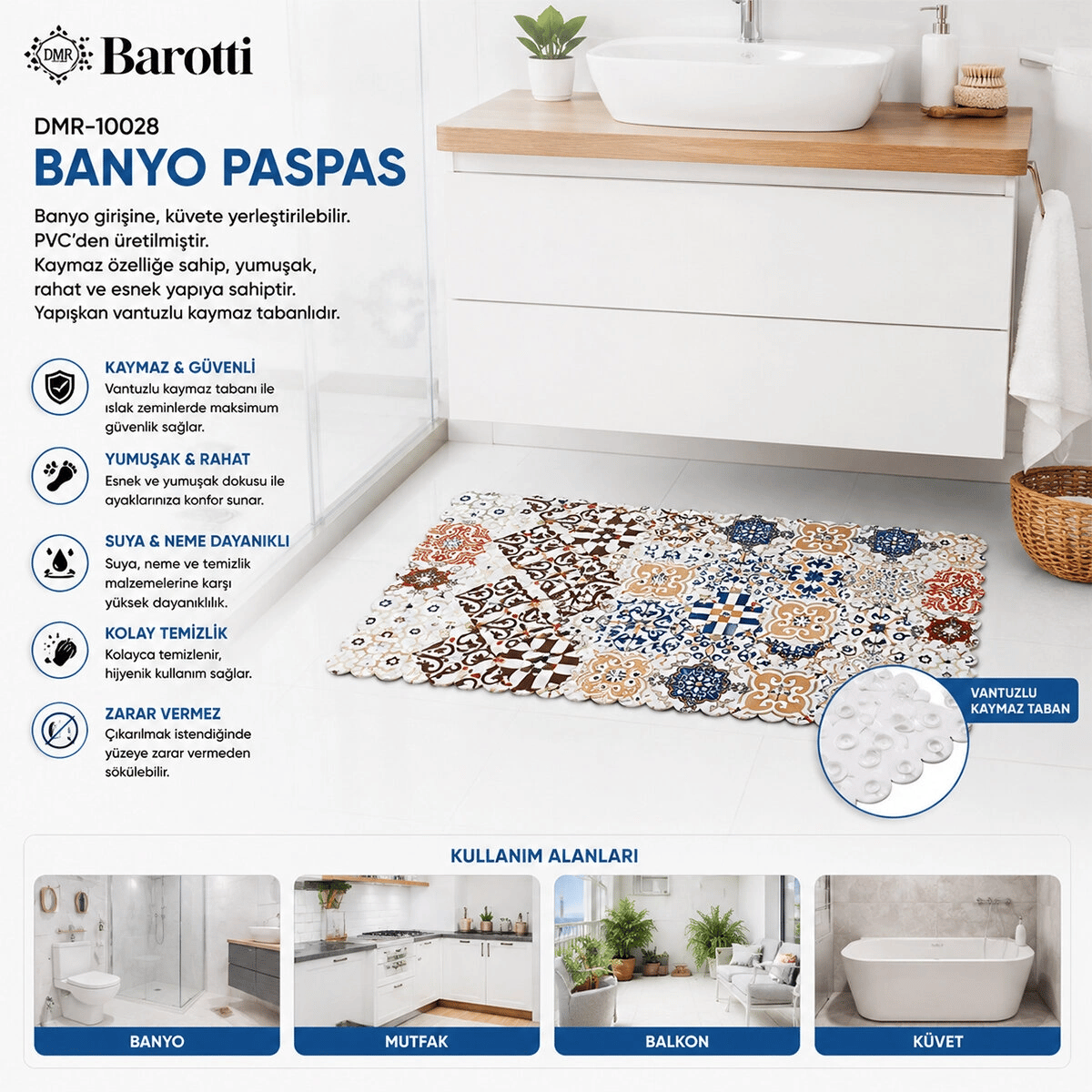 Dikdörtgen Desenli 70 X 34 Cm Su Emici - Sihirli Kaydırmaz Banyo - Küvet Paspas Bx40