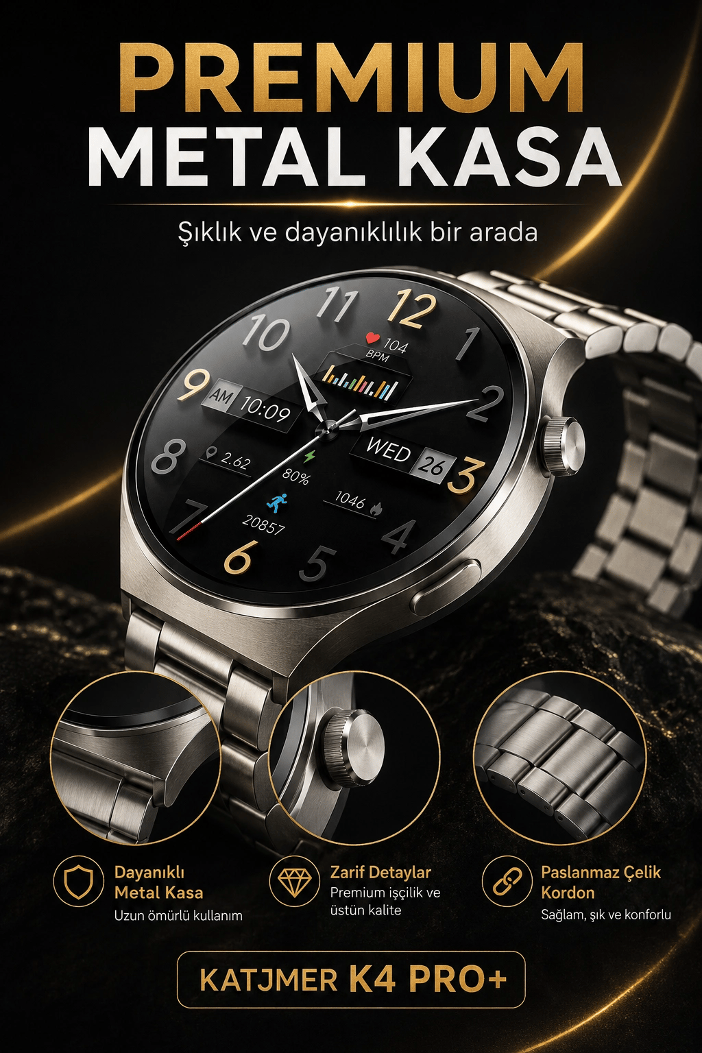 Dokunmatik AMOLED Ekranlı Akıllı Saat Çelik Kordon Ve Ek Kayışlı Şık Tasarım