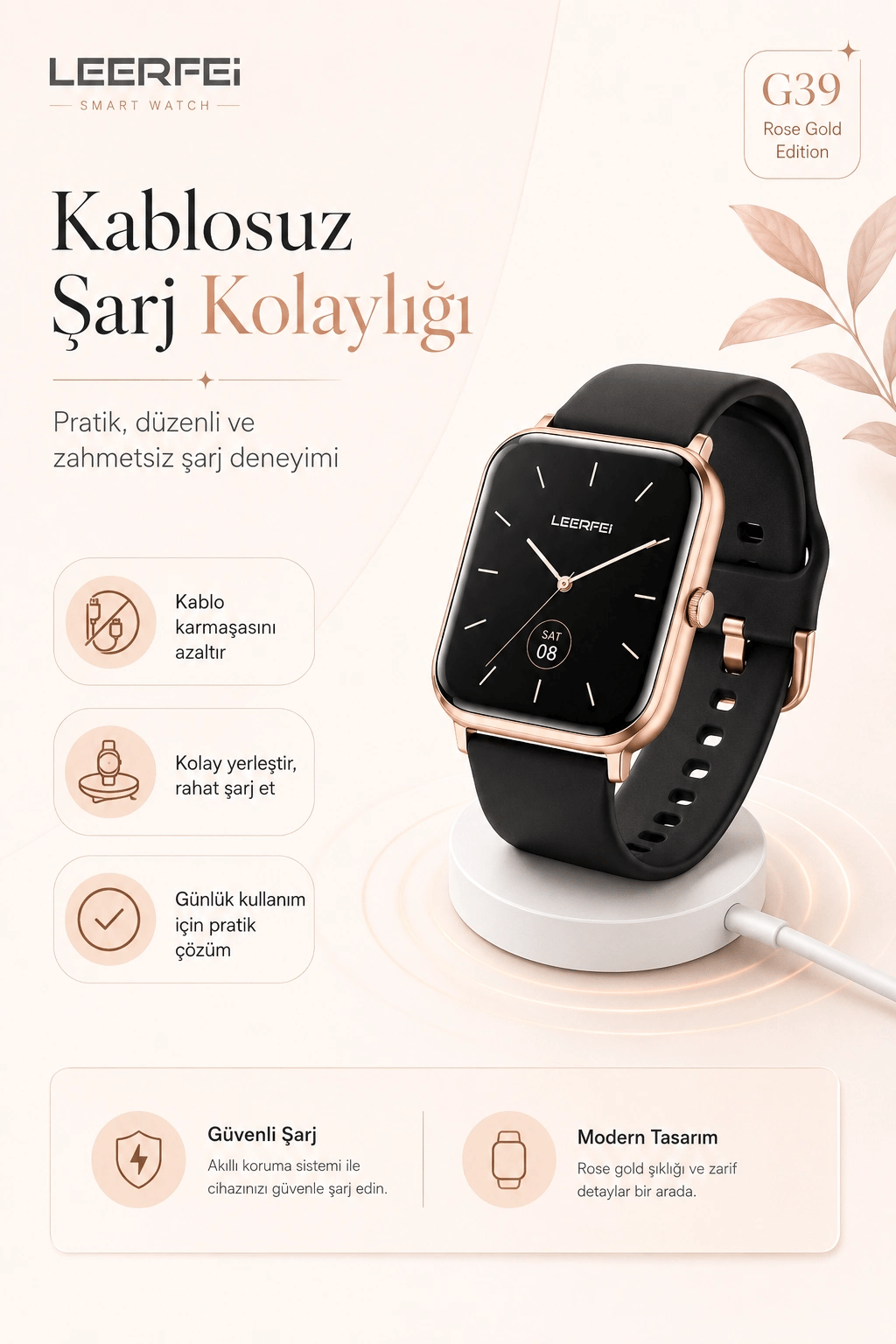 Dokunmatik Ekranlı Rose Gold Akıllı Saat Kablosuz Şarj Özellikli Günlük Kullanım