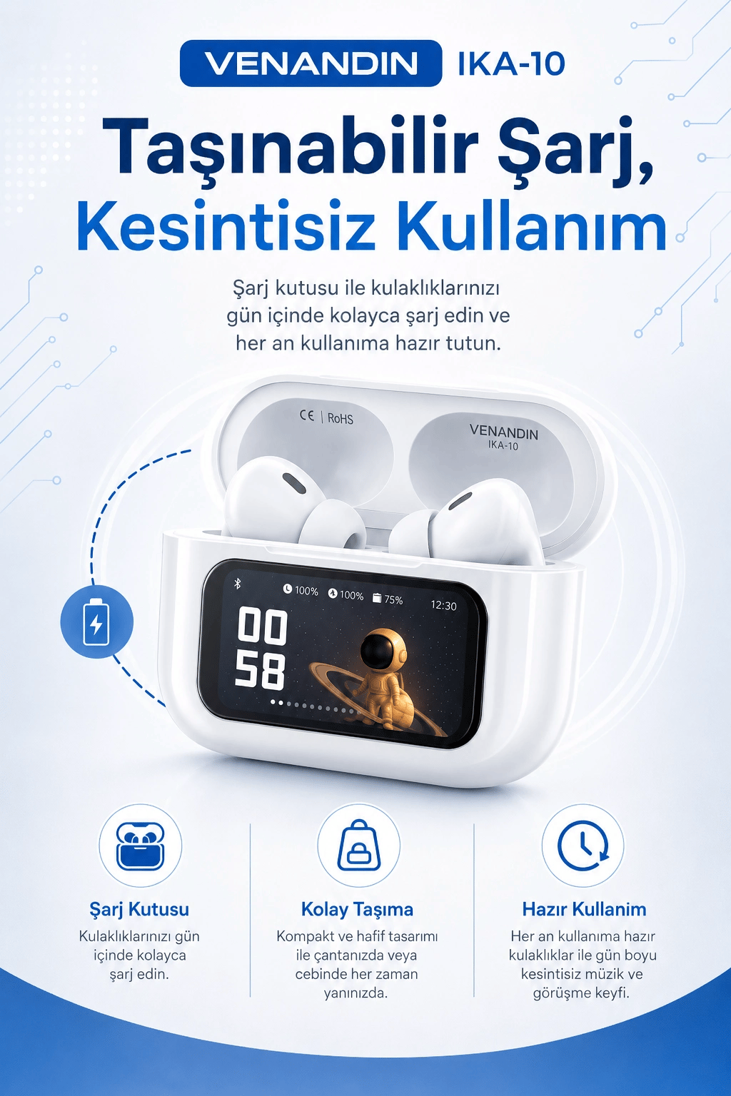 Dokunmatik Ekranlı Şarj Kutulu Kablosuz Kulak İçi Kulaklık Uzun Pil Ömürlü Model