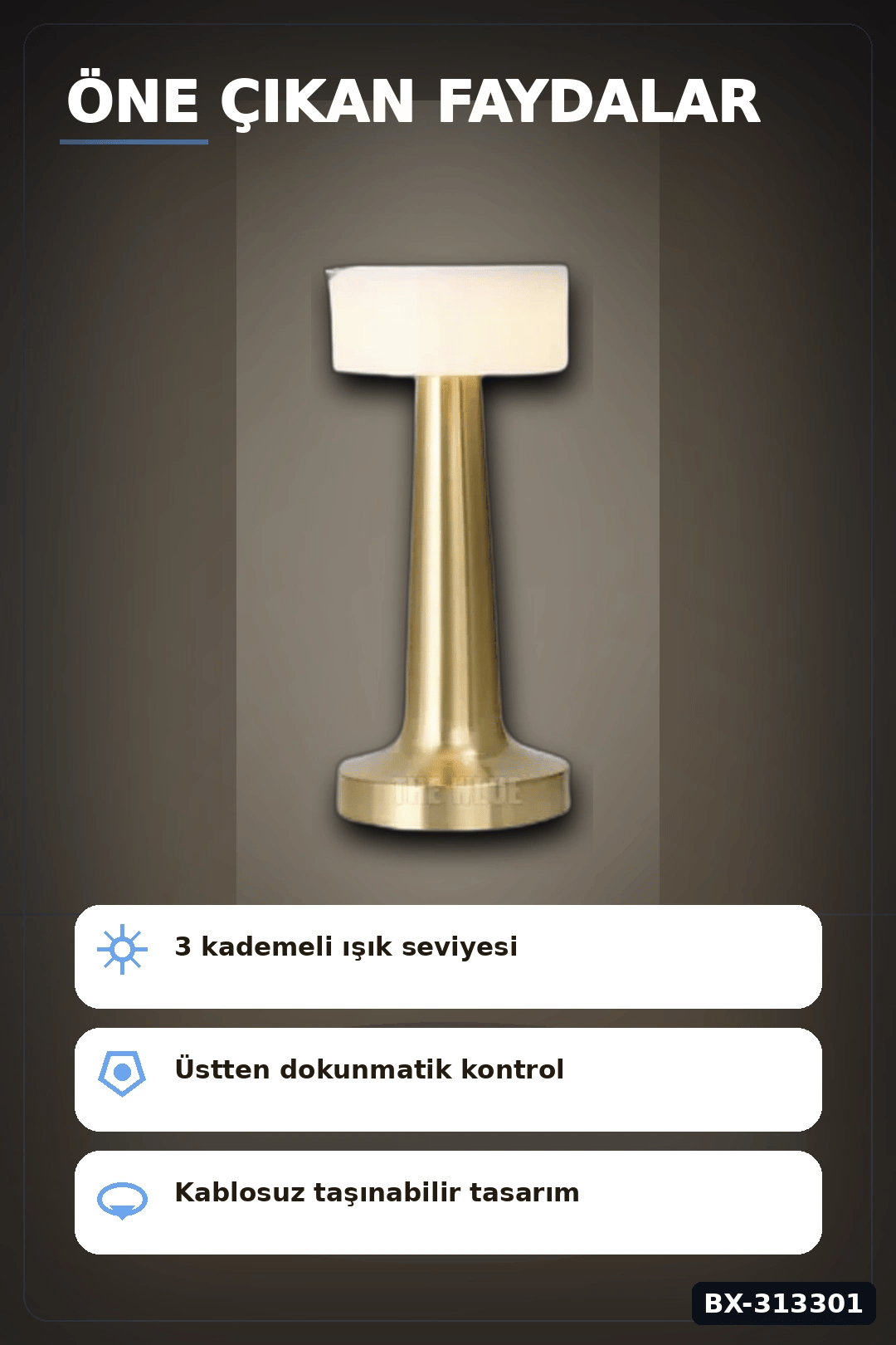 Dokunmatik Metal Gövdeli 3 Kademeli LED Masa Lambası - USB Şarjlı Tekli Paket BX-313301