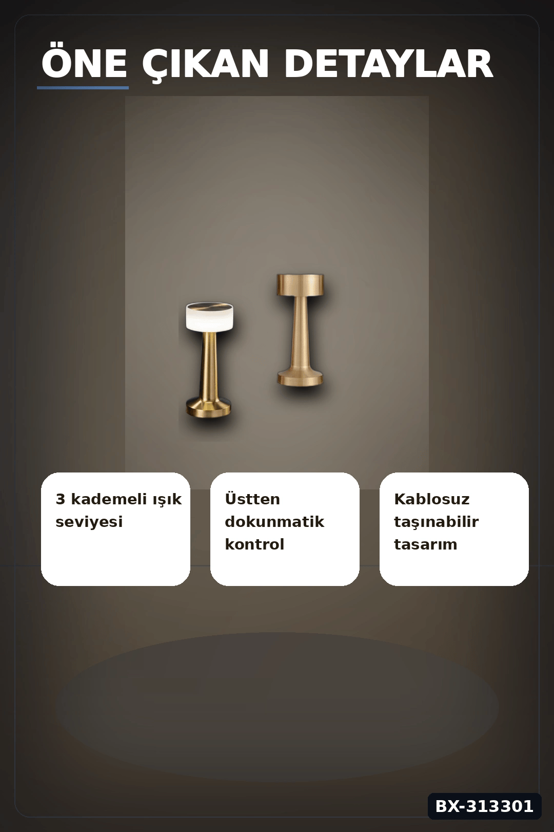 Dokunmatik Metal Gövdeli 3 Kademeli LED Masa Lambası - USB Şarjlı Tekli Paket BX-313301