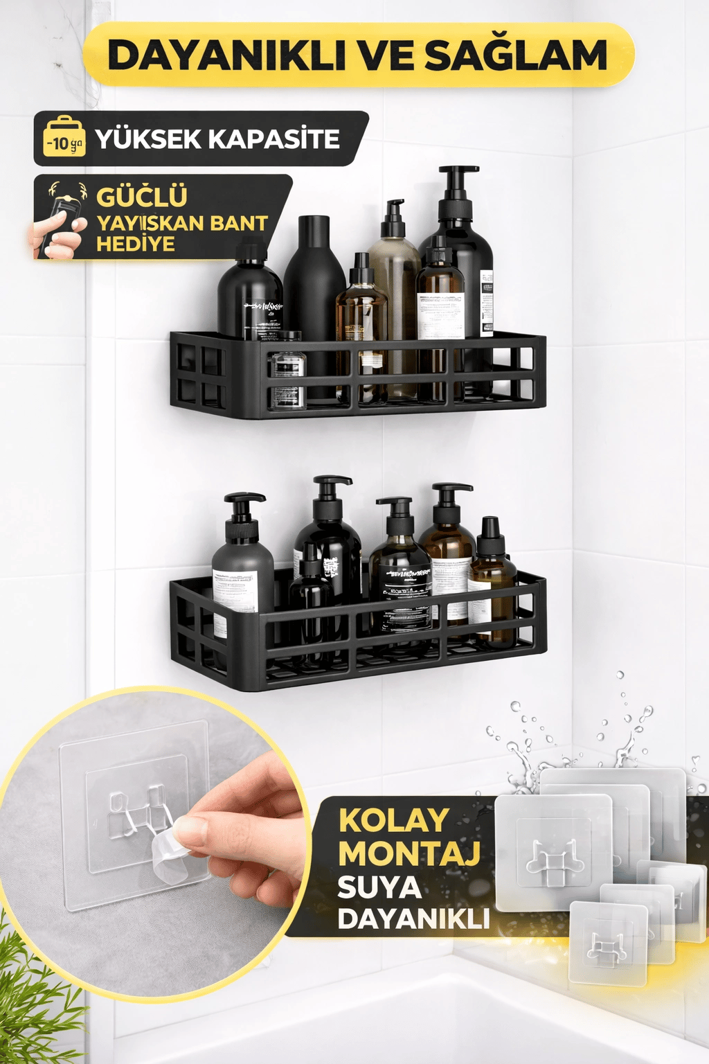 Duş İçi Yapışkanlı Banyo Rafı 2’li Set Delme Yok Güçlü Yapışkan Bantlı Organizer
