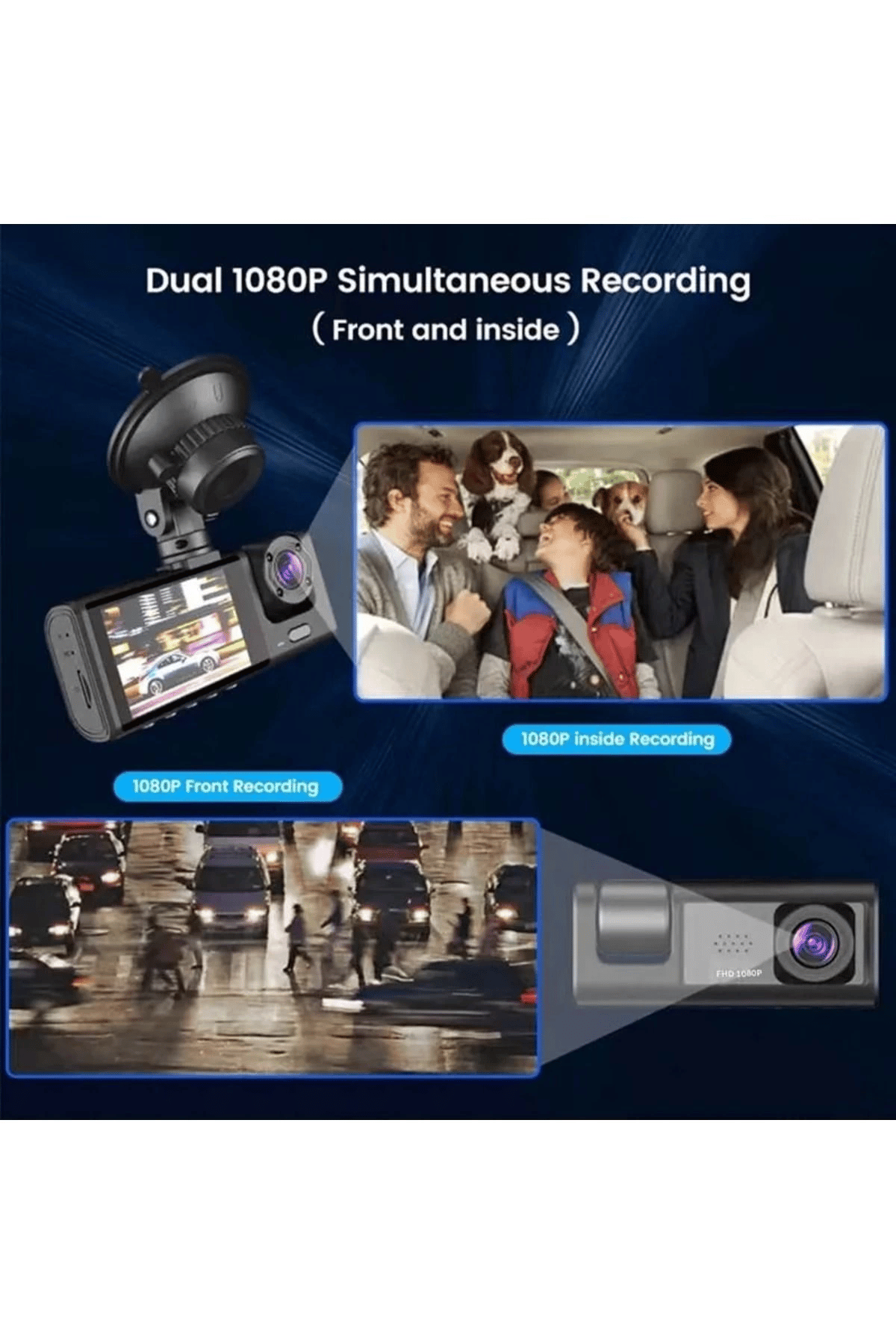 DV300 Yeni 3 Kameralı Araç İçi Kayıt Kamerası Trafik Recorder 2 İnç IPS Ekran Full HD 1080p