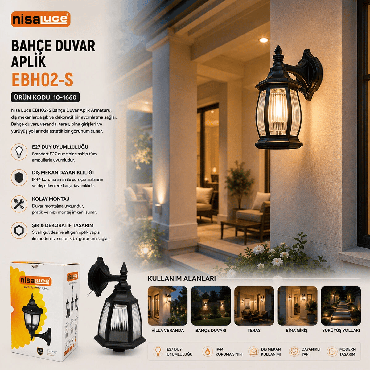 E27 - Ip44 Siyah 60w Duvar Aplik Bahçe-balkon Sokak Lambası - Armatür Ebh02-s Bx40
