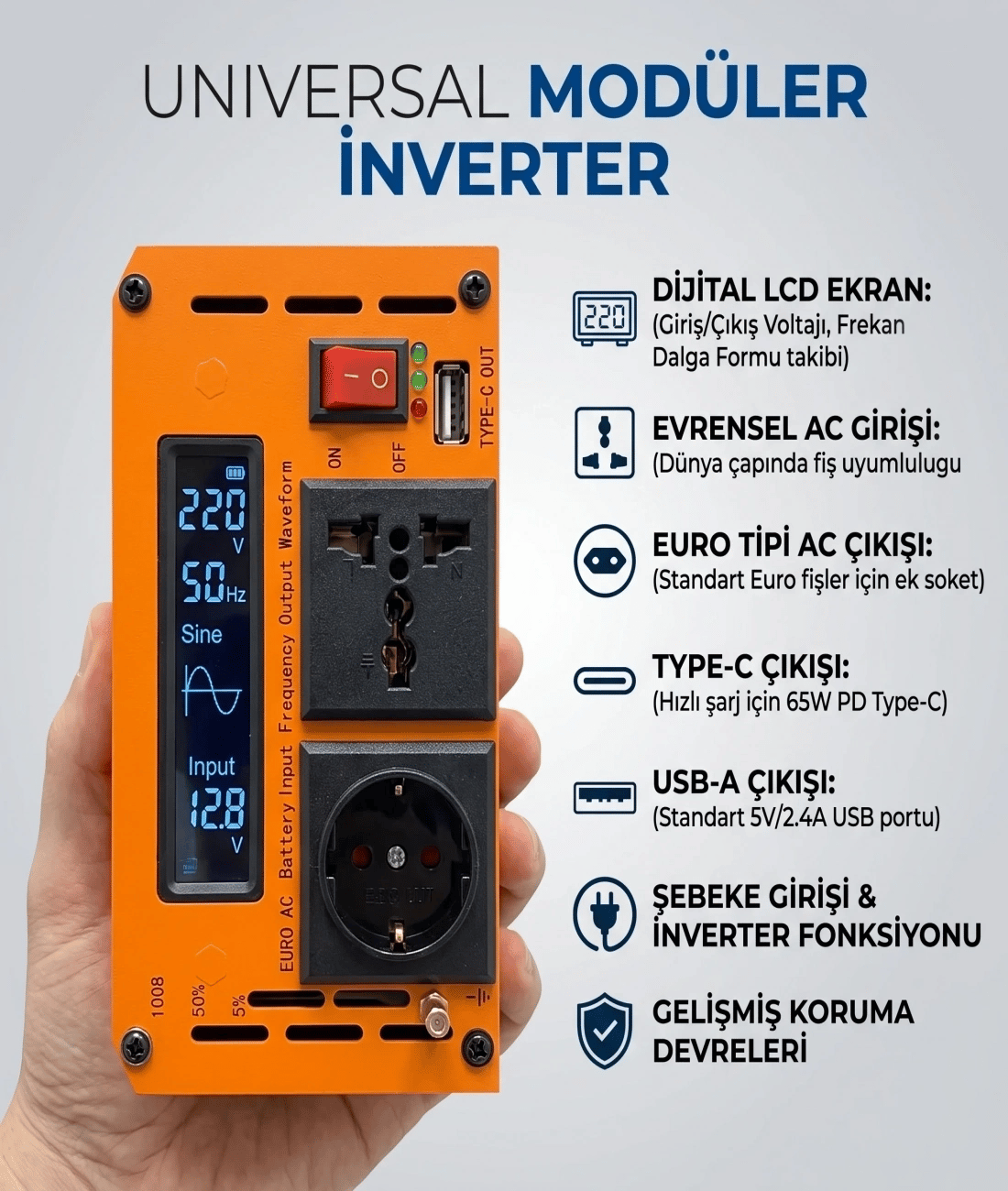 Eco Lounge 1000W Tam Sinüs İnverter 12V DC 220V AC Çevirici USB Çıkışlı Araç Karavan Solar Güç Dönüştürücü