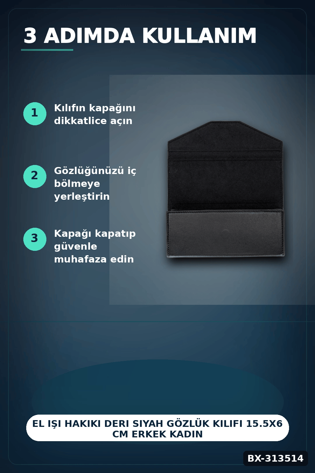 El Işi Hakiki Deri Siyah Gözlük Kılıfı 15.5x6 Cm Erkek Kadın Hediyelik BX-313514