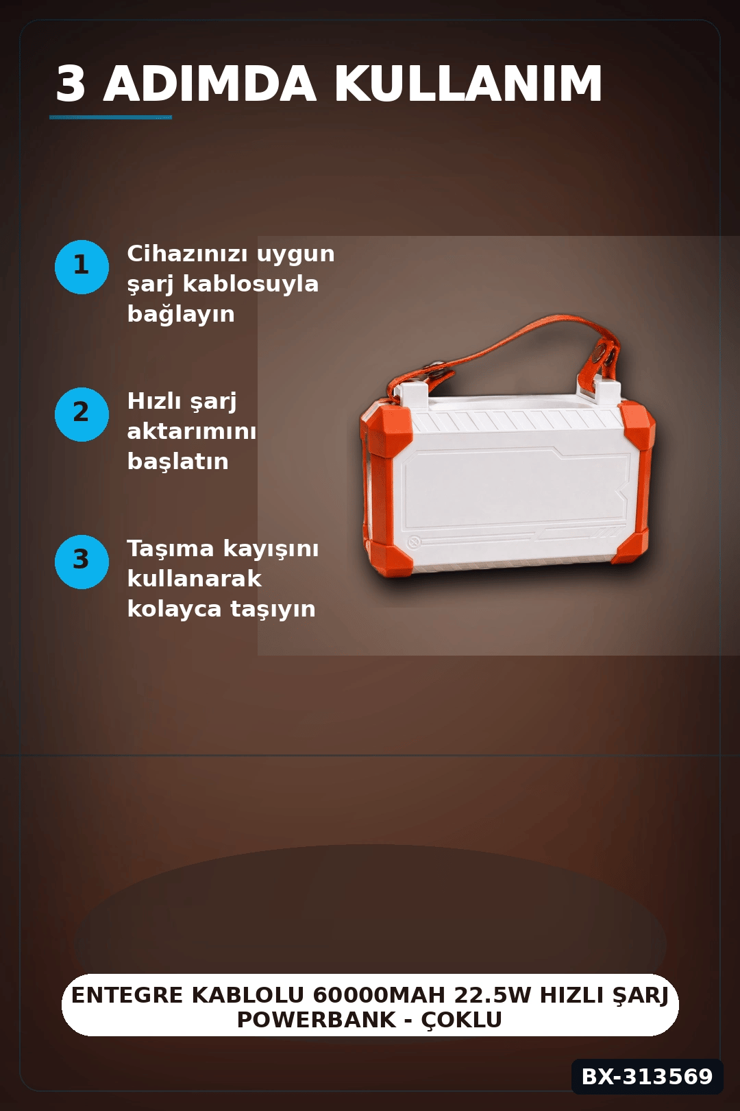 Entegre Kablolu 60000mAh 22.5W Hızlı Şarj Powerbank - Çoklu USB-C Çıkışlı Güç Bankası BX-313569