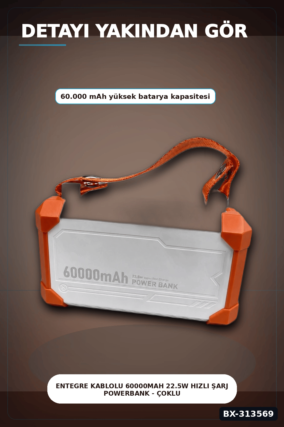 Entegre Kablolu 60000mAh 22.5W Hızlı Şarj Powerbank - Çoklu USB-C Çıkışlı Güç Bankası BX-313569