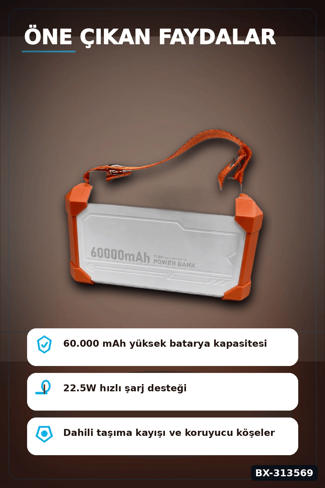 Entegre Kablolu 60000mAh 22.5W Hızlı Şarj Powerbank - Çoklu USB-C Çıkışlı Güç Bankası BX-313569