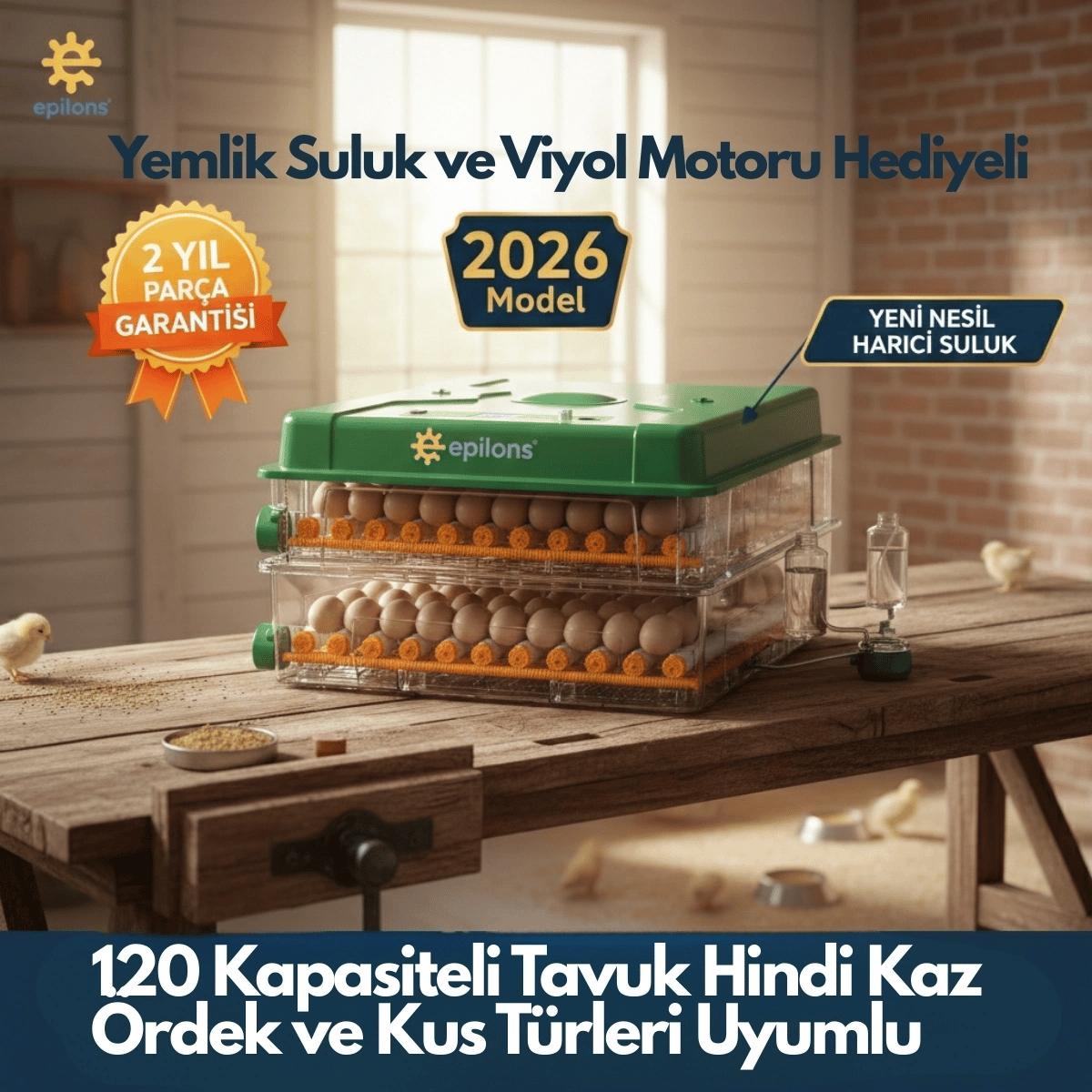 EP120 Yumurta Kapasiteli Tam Otomatik Kuluçka Makinesi - Yeni Nesil Harici Suluklu, Dijital Nem ve Sıcaklık Göstergeli