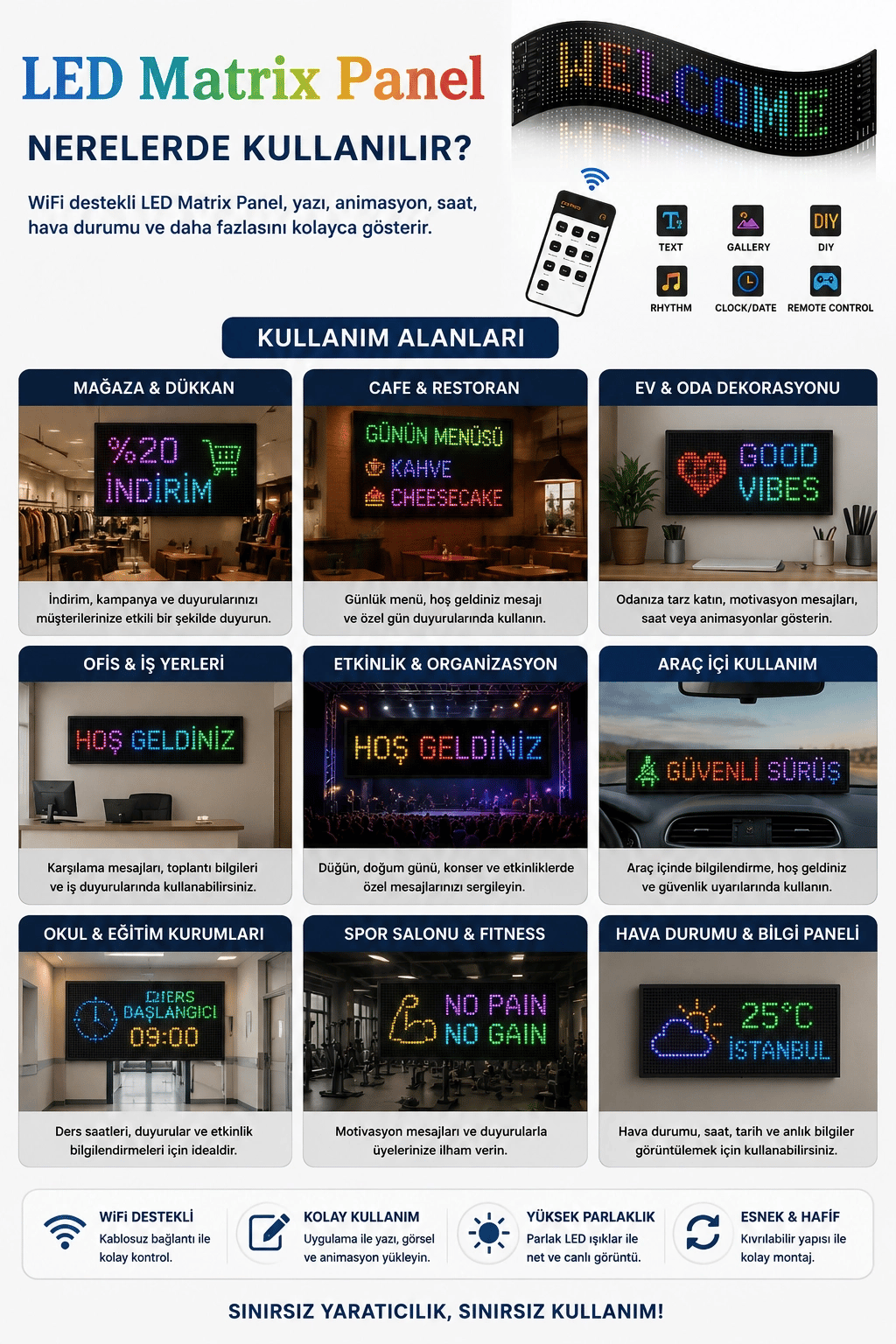 Esnek LED Matrix Panel Kayan Yazı Ekranı Kumandalı Ritim Ve Galeri Destekli